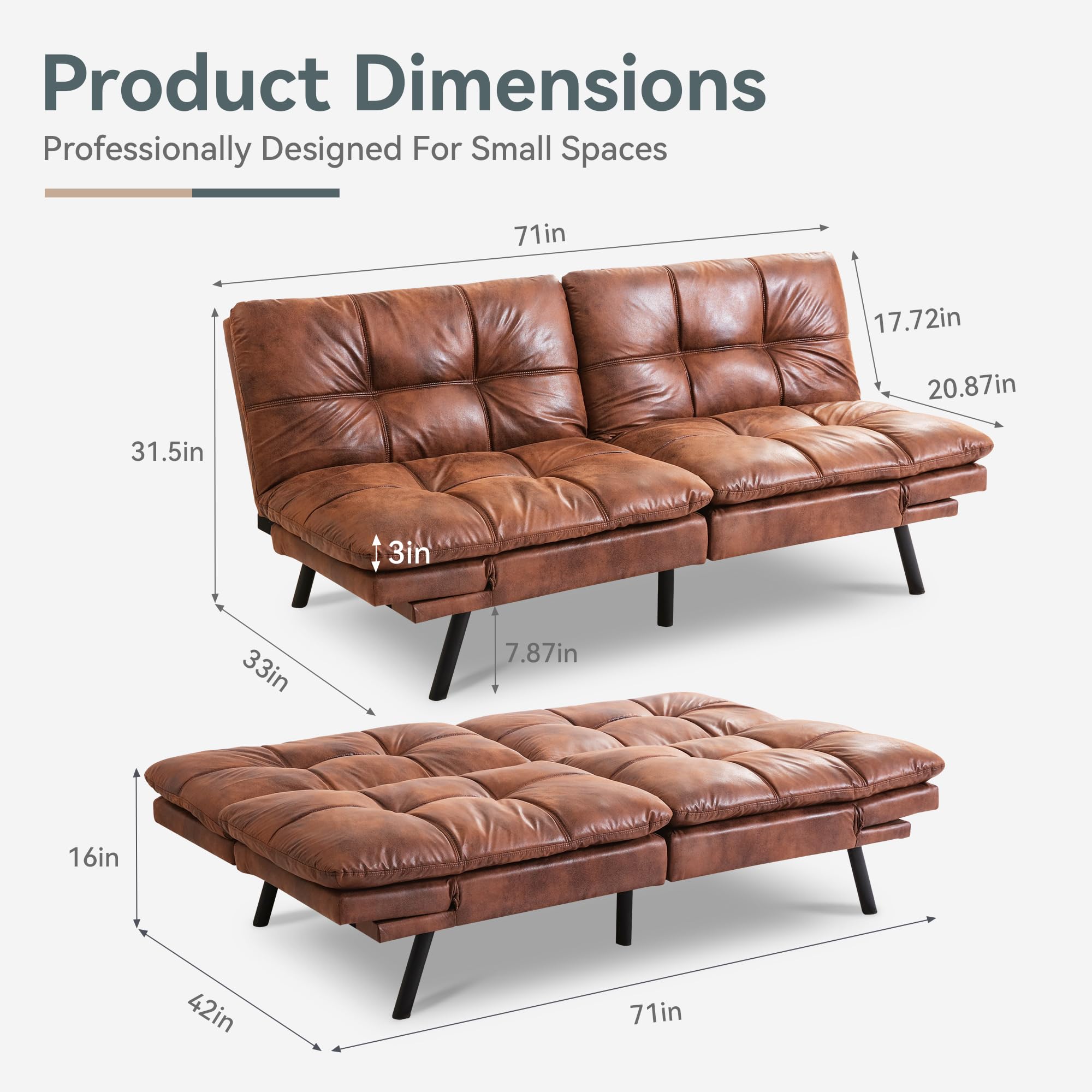 Futon Sofa Bed Convertible Couch, Brown Faux Leather Sofa Bed with Memory Foam, Adjustable Backrest & Armrests, Multifunctional Small Loveseat Sleeper Sofa for Living Room, Apartment, Office