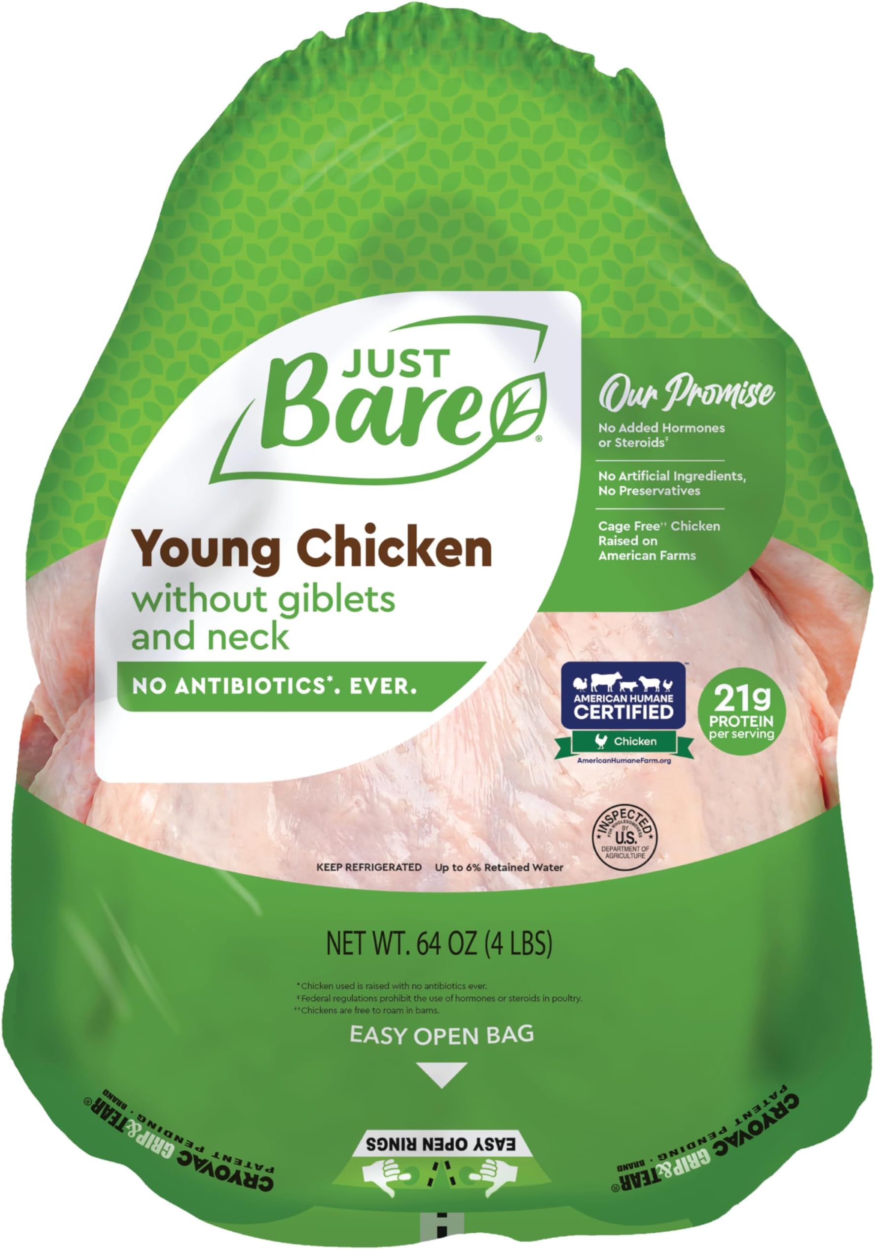 Just Bare Natural Fresh Whole Chicken | Antibiotic Free | Bone-In | Without Giblets & Neck | 64 Ounce