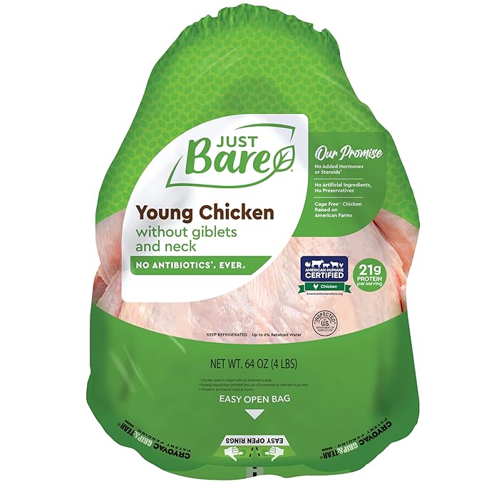 Just Bare® Natural Fresh Whole Chicken | Antibiotic Free | Bone-In | Without Giblets & Neck | 4.0 LB