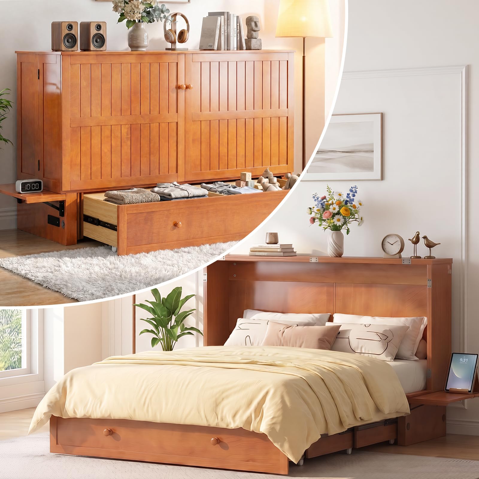 Mjkone 163 CM W Queen Size Murphy Bed with Tri-Folding Mattress, Cherry