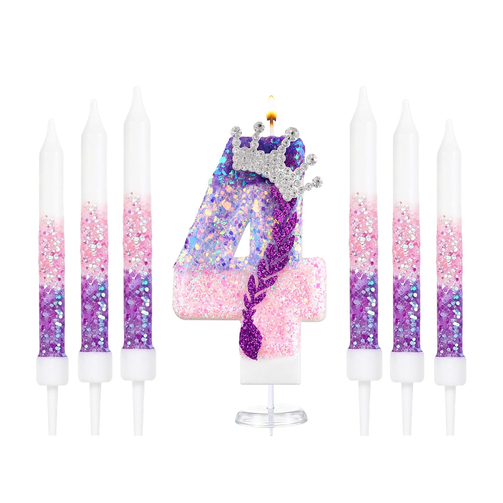 K Pop Number Birthday Candles, Glitter Crown Birthday Candle with 6 Pcs Long Candles, Stylish Kpop Music Themed Cake Topper for Girls Birthday Party Supplies (4 Candle,K Pop)