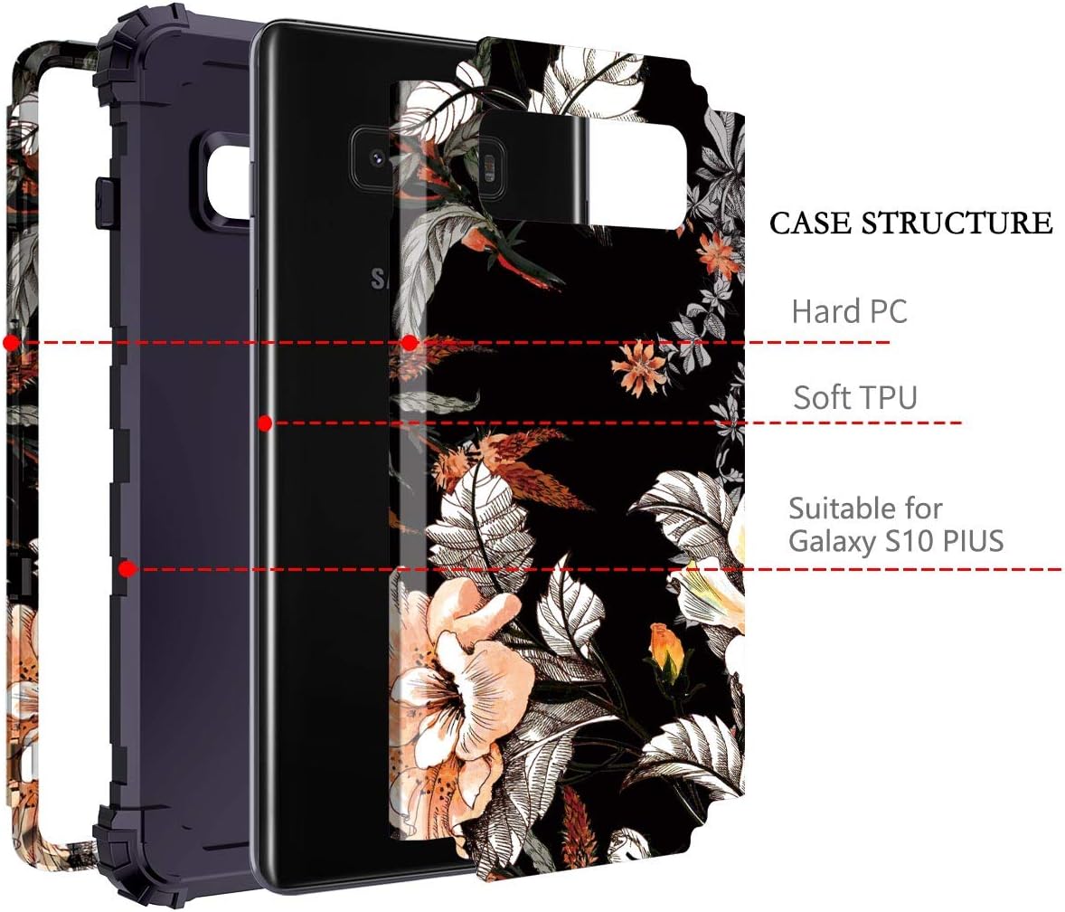 Casetego Compatible with Galaxy S10 Plus Case,Floral Three Layer Heavy Duty Hybrid Sturdy Shockproof Full Body Protective Cover Case for Samsung Galaxy S10 Plus,Orange Flower/Black