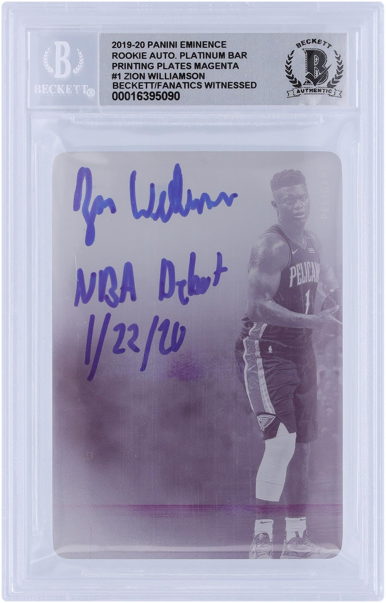 Zion Williamson New Orleans Pelicans Autographed 2019-20 Panini Eminence Rookie Auto Platinum Bar Magenta Printing Plate #1 #1/1 Beckett Fanatics Witnessed Authenticated 10 Rookie Card with "NBA Debut