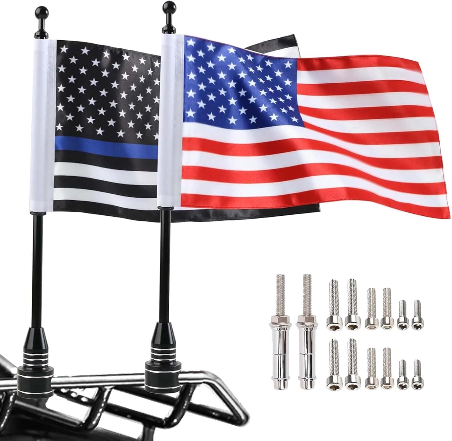 2 Pcs Motorcycle Flags Flagpole Mounts, For Harley Honda Goldwing CB VTX CBR Yamaha - 6×9'' Thin Blue Line US Flag & Red Line US Flag with Adjustable Flags Rack Holder fit for 1/2" Motorcycle Luggage Rack