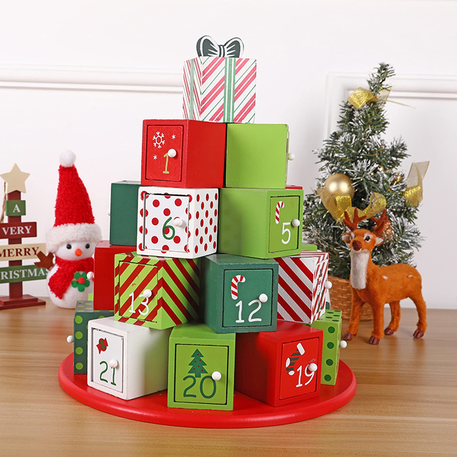Weihnachten Adventskalender Holz Haus mit 24 Schubladen zum Befüllen Kleine Geschenke Urlaub Countdown bis Weihnachten Dekoration (Geschenk)