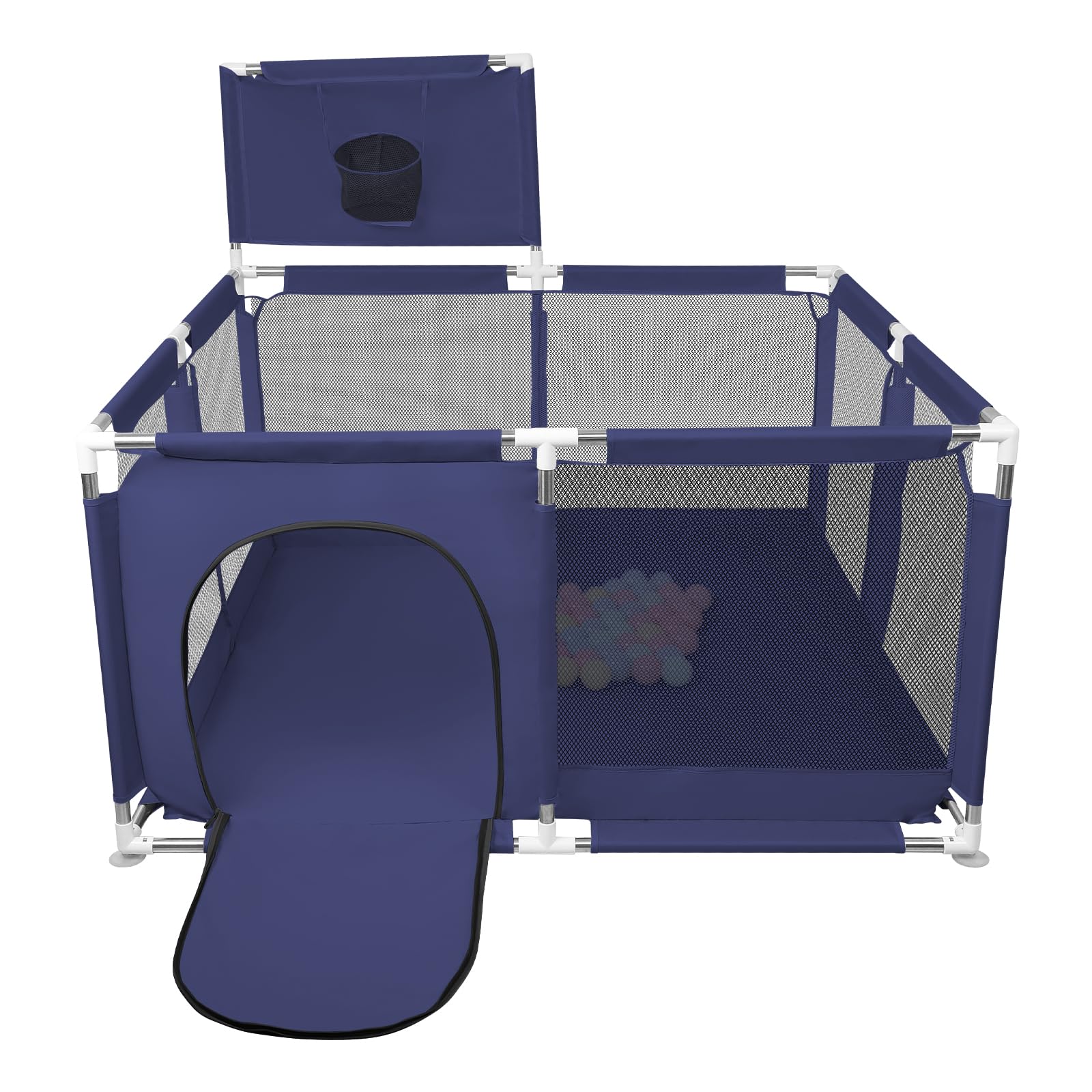 Laufstall Baby,Laufstall baby faltbar für Babys mit weichem,Baby Laufstalls mit Reißverschlusstür,Kinder laufgitter,inklusive 50 Bällen,4 X Zugringen,Leicht zu Reinigen (126 * 126 * 66cm Marineblau)
