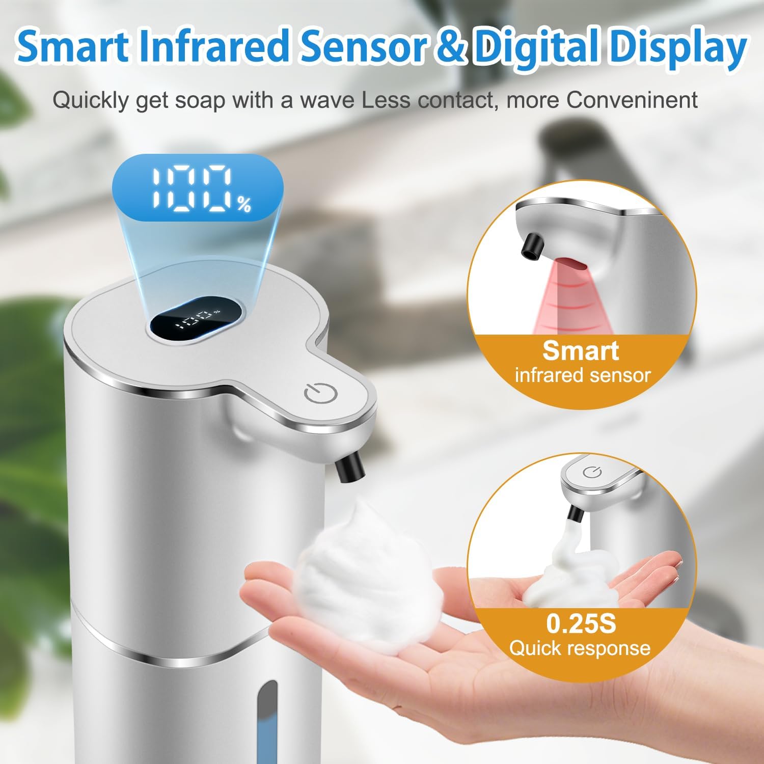 Automatic Foaming Soap Dispenser with Digital Display, 6-Level Foam Adjustable, Rechargeable, 12.8oz/ 380ml Wall Mounted Touchless Hands Free Auto Dispenser for Kitchen, Bathroom, Hotel, Restaurant - Image 2