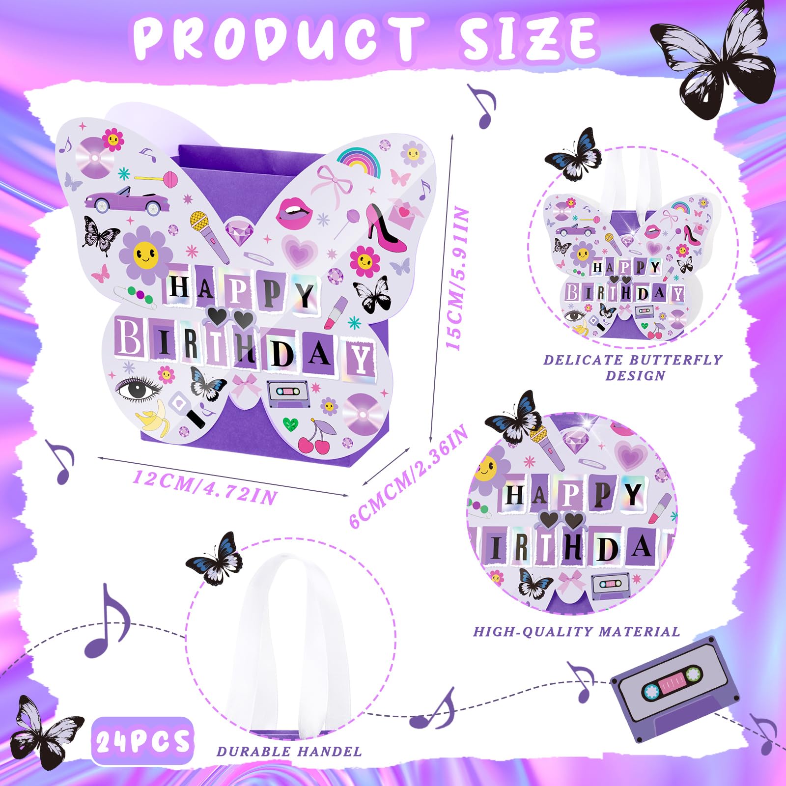 Sweetude Confezione da 24 sacchetti regalo con musica pop viola, a forma di farfalla, per feste di compleanno, cantanti, bomboniere, farfalle, sacchetti per caramelle per compleanno, cantanti