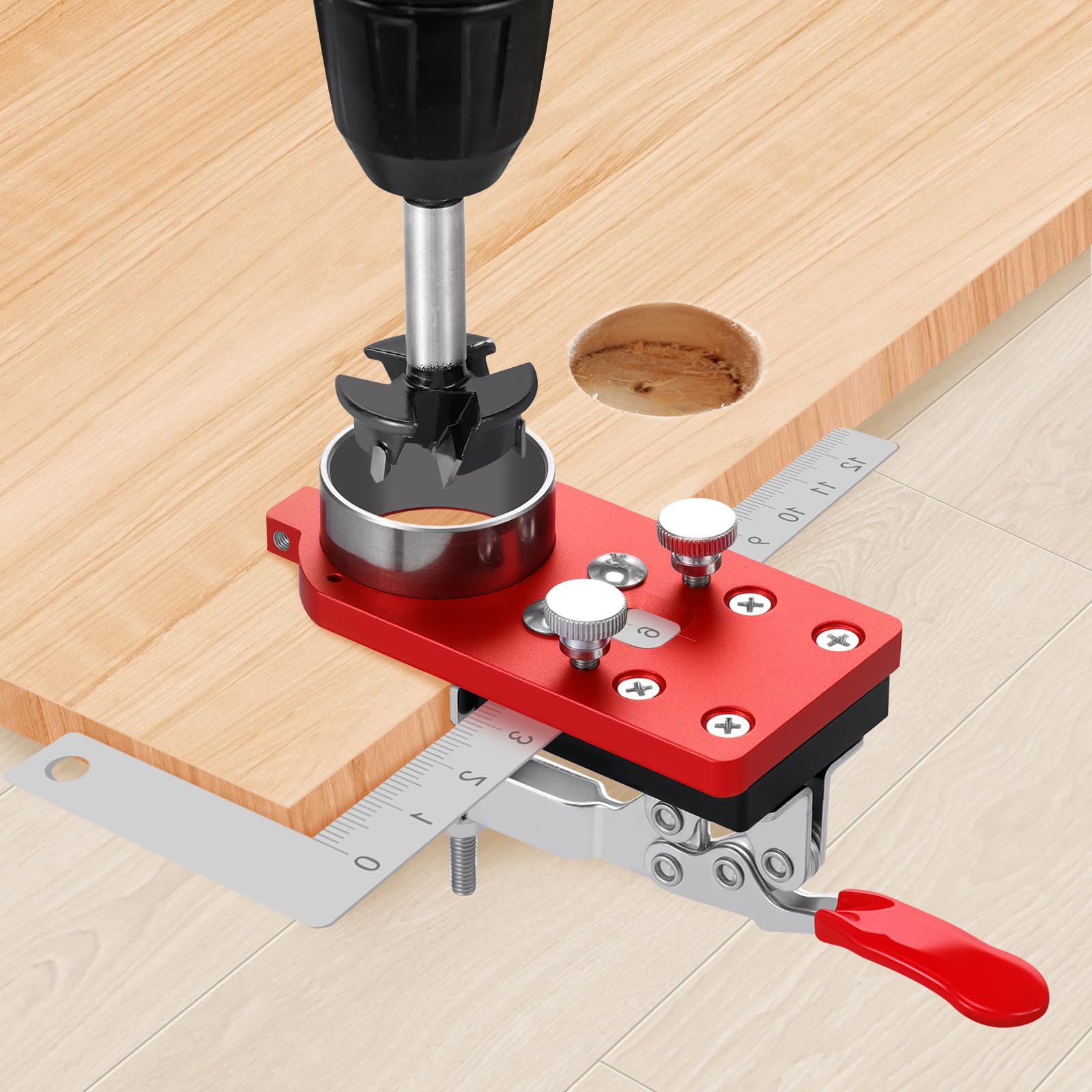 35mm Concealed Hinge Jig, Cabinet Door Hinge Jig Hole Drilling Guide with Quick Clamp and Hinge Cutter Bit, Adjustable Hinge Hole Punch Locator, Doors Cabinets Hinges Mounting Auxiliary Tool