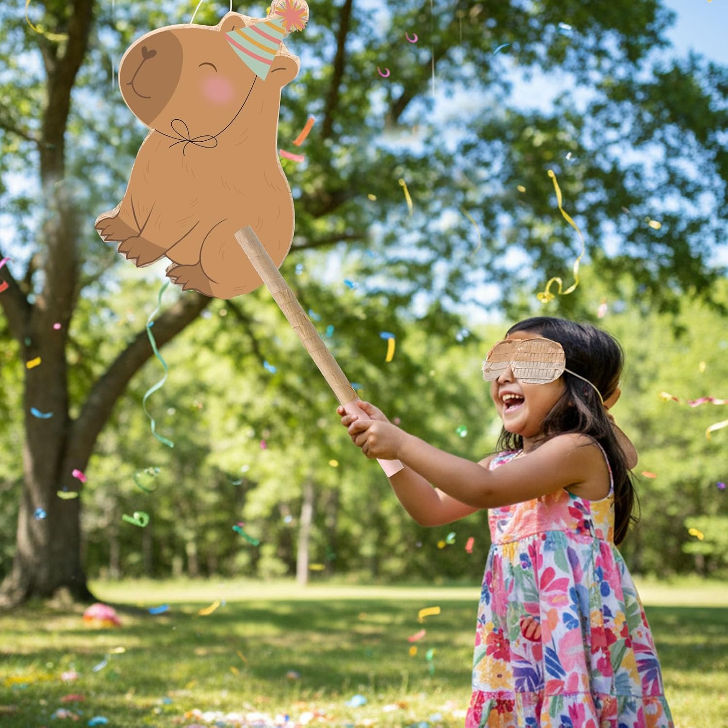 Aoriher Capybara Piñata with Stick Blindfold & Confetti - Birthday Party Favors Decorations for Animal Theme Party Supplies Toys Outdoor Games, 15 x 13 x 3.2 Inch