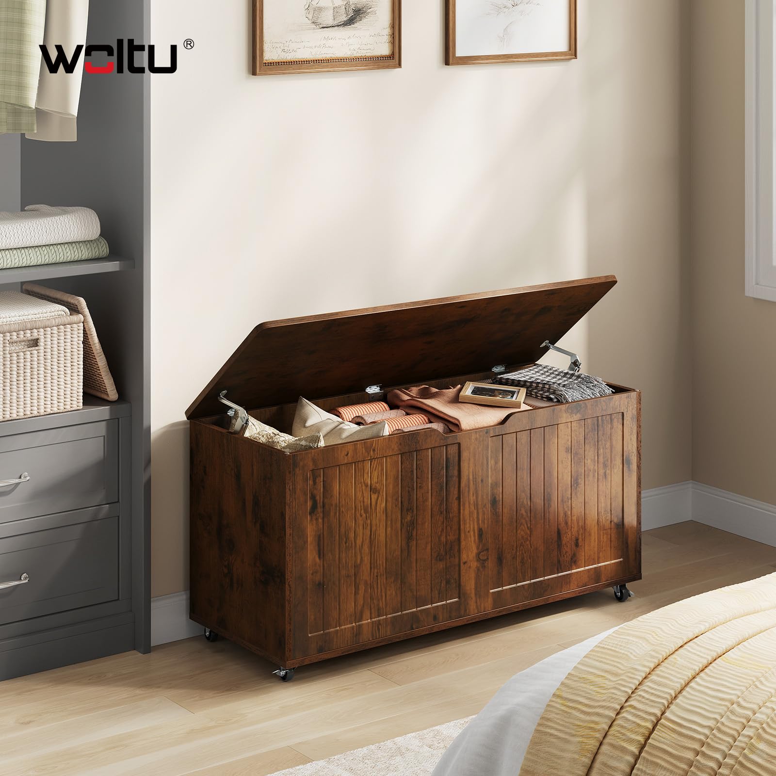 WOLTU Taburete Almacenaje con Ruedas, Baúl Puff Almacenamiento, Otomano Reposapiés Rectangular 100x40x50,5 cm, para Salón, Dormitorio y Entrada, Marrón Rústico