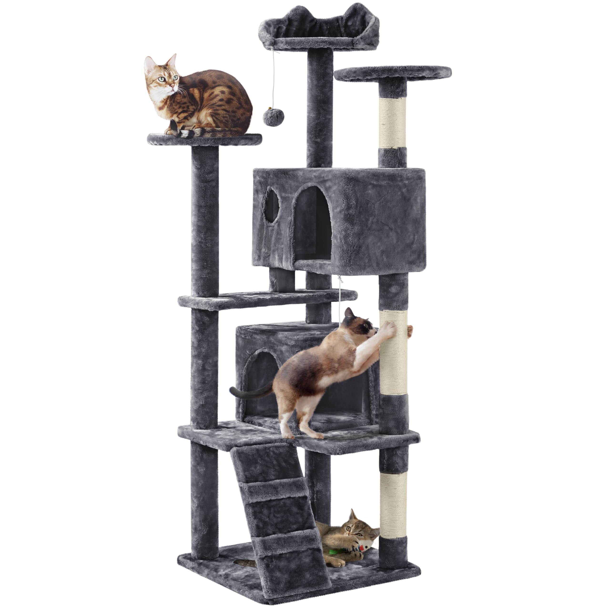Yaheetech Árbol Rascador para Gatos 139cm con 3 Plataformas 2 Nidos 2 Pompones Torre de Escalador con Postes en Sisal Ideal para 3-4 Gatos Gris Oscuro — view 26