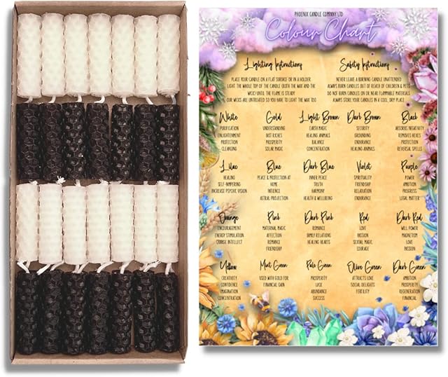 28 Pack of 2 Inch Beeswax Spell Candles | Black and White | Unscented | Candle Colour Chart | Hand-rolled In The UK | Burn Time 35 Minutes