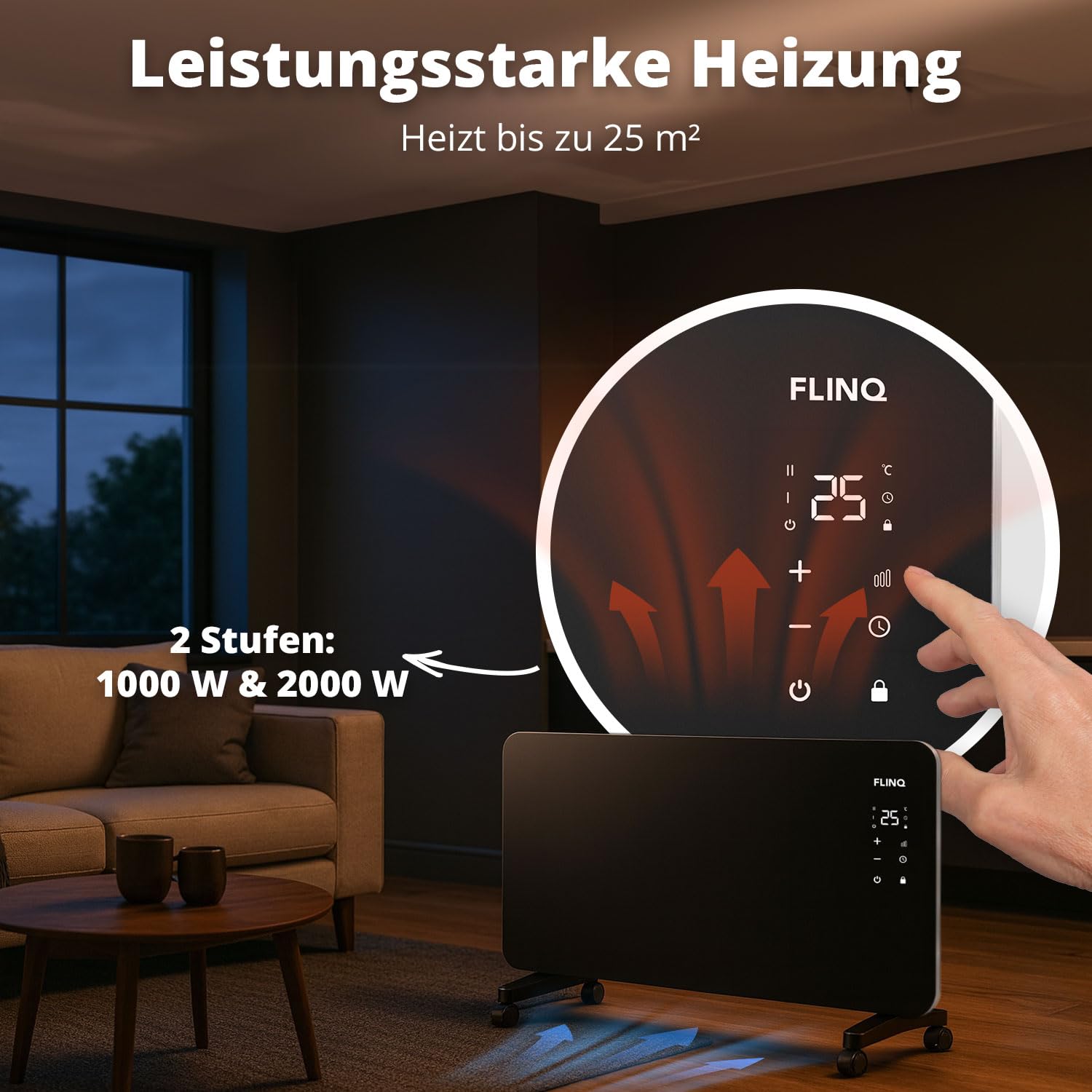 FlinQ Smart Konvektor Heizung 2000W - 96 x 46 x 13 cm - Schwarz | Glaskonvektor Mit App Steuerbar - Beheizt bis zu 60m3 - Mobile Heizung Elektrisch