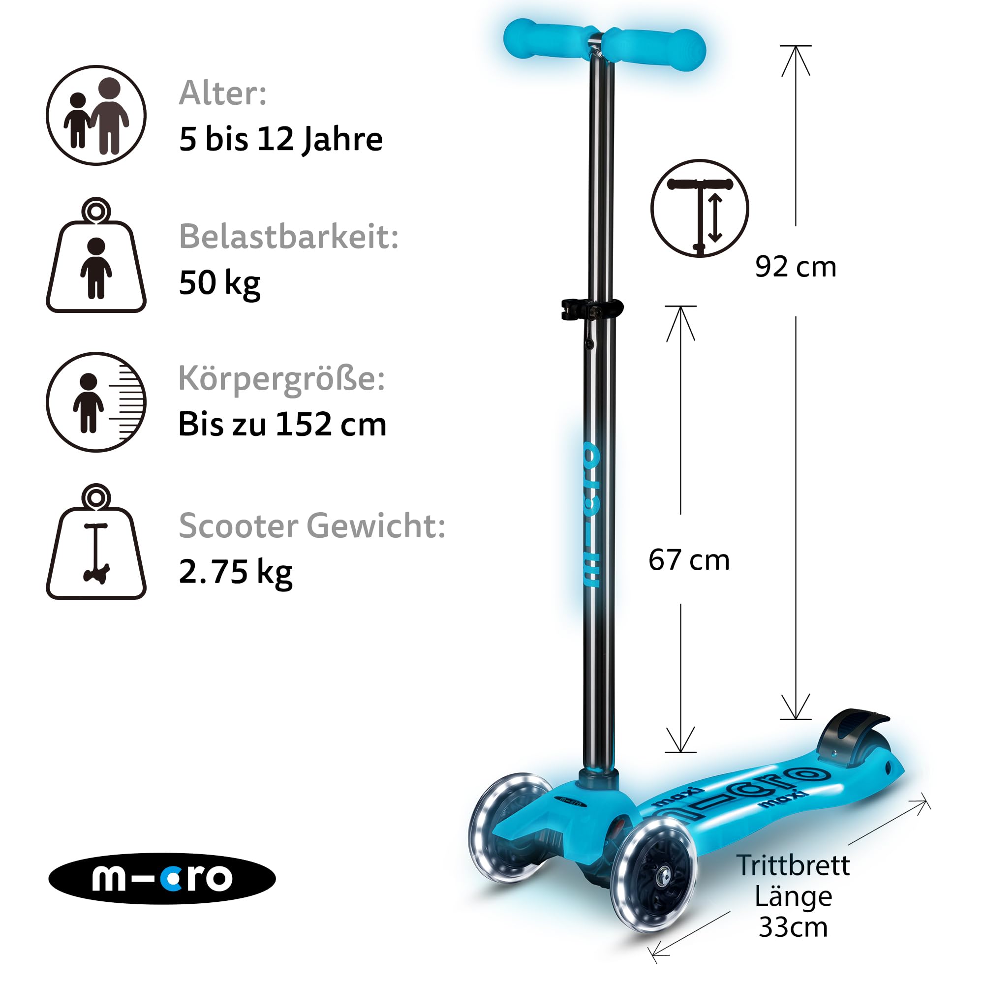 micro™ Maxi micro Deluxe Glow LED Plus | Höhenverstellbar | Das ORIGINAL | Kinderroller ab 5 Jahre | Inklusive LED Rollen & Deck und Tragegurt | Jungs & Mädchen 5-10 Jahre