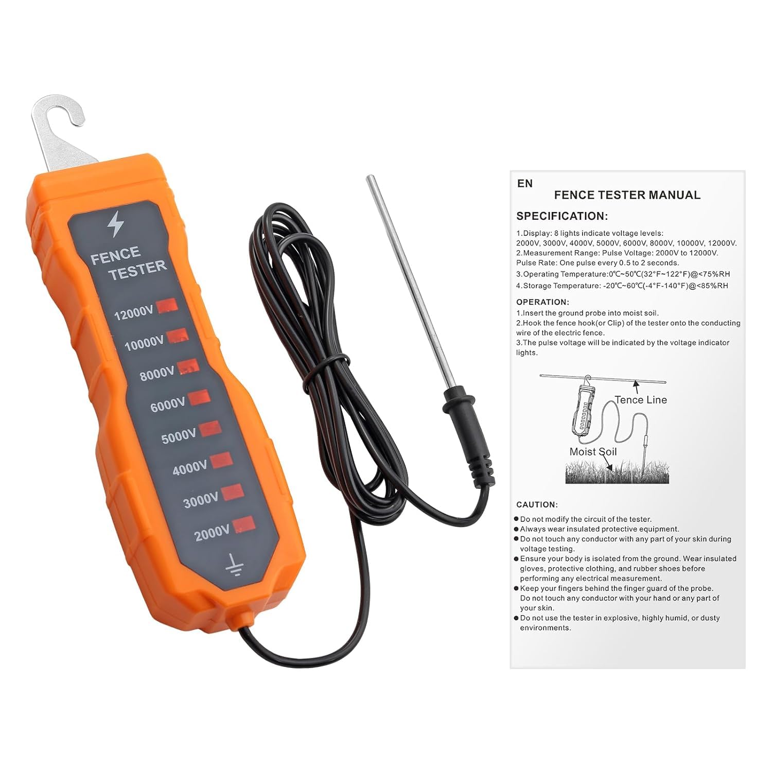 Neoteck Probador de Voltaje de Cerca Eléctrica 12KV 2000-12000V Medidor de Voltaje de Cerca de Neón con 8 Luces Indicadoras para Diagnosticar Fallos en Cercas de Ranchos y Granjas