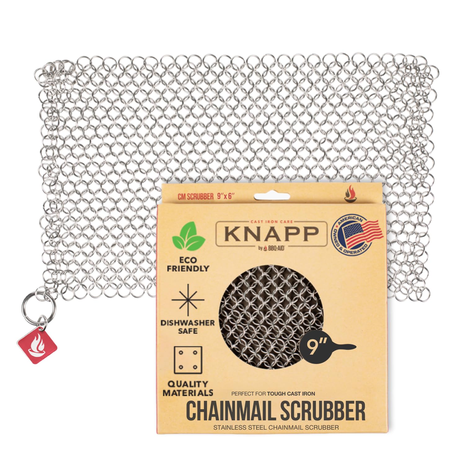 Knapp Made CM Scrubber 9" Small Ring Chainmail Scrubber - for Cast Iron, Stainless Steel, Hard Anodized Cookware and Other Pots & Pans - Multiple Sizes (9" x 6")