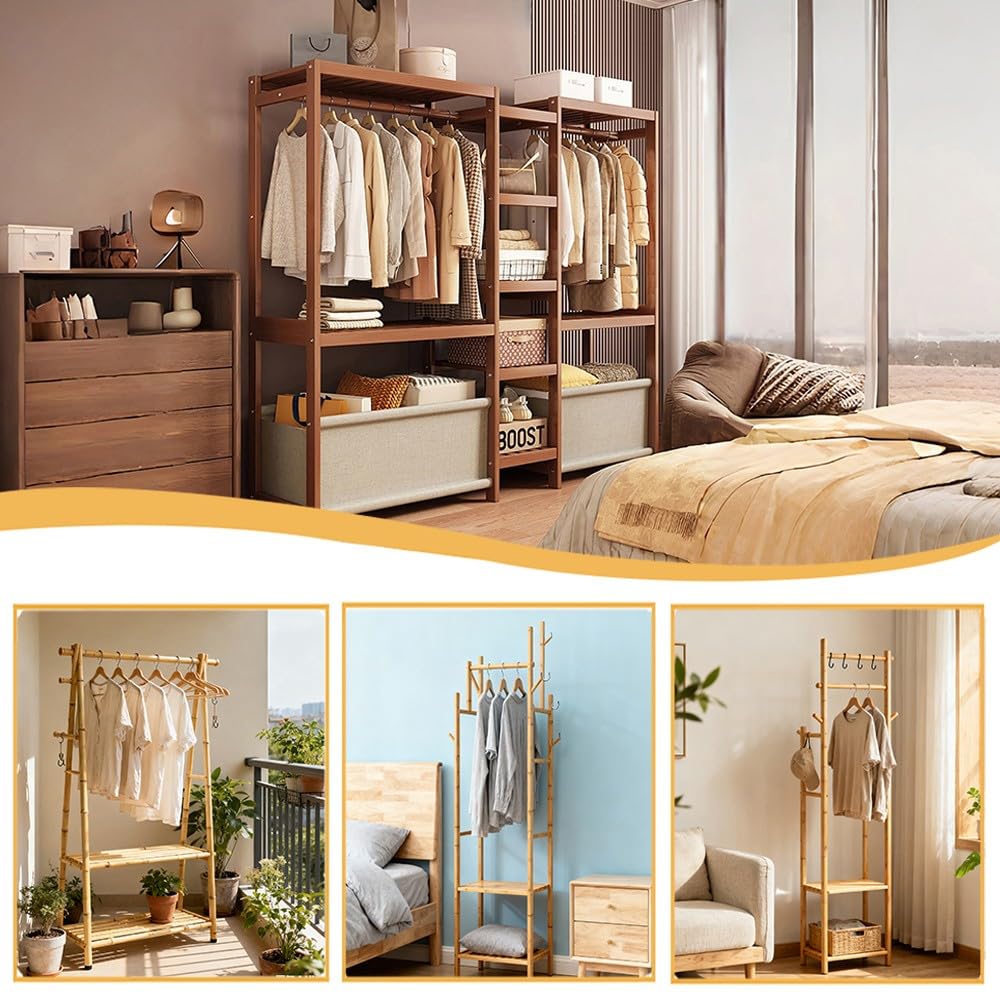 Perchero Burro Madera, Percheros de Ropa Resistente,Multifuncional Burro Ropa, Armario Abiertos,Perchero de Pie con Estantes y Bolsas de tela para Dormitorio Entrada