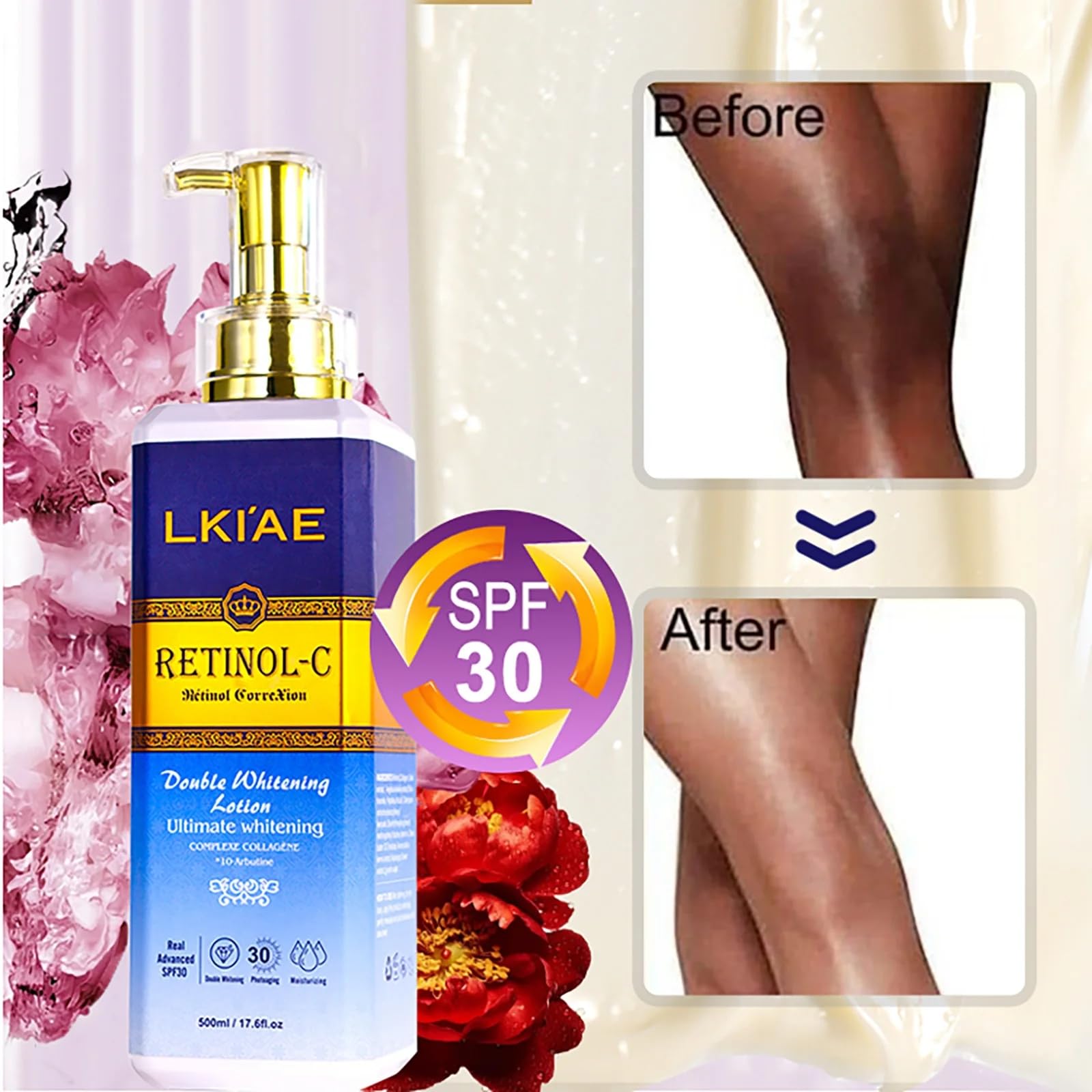 LKIAE Ultimate Whitening Retinol Loción Corporal, Reduce las Arrugas y Manchas Oscuras, Crema Profundamente Hidratante, Nutritiva, Anti-Envejecimiento, Con Colágeno, Extracto de Caracol, 500 ml