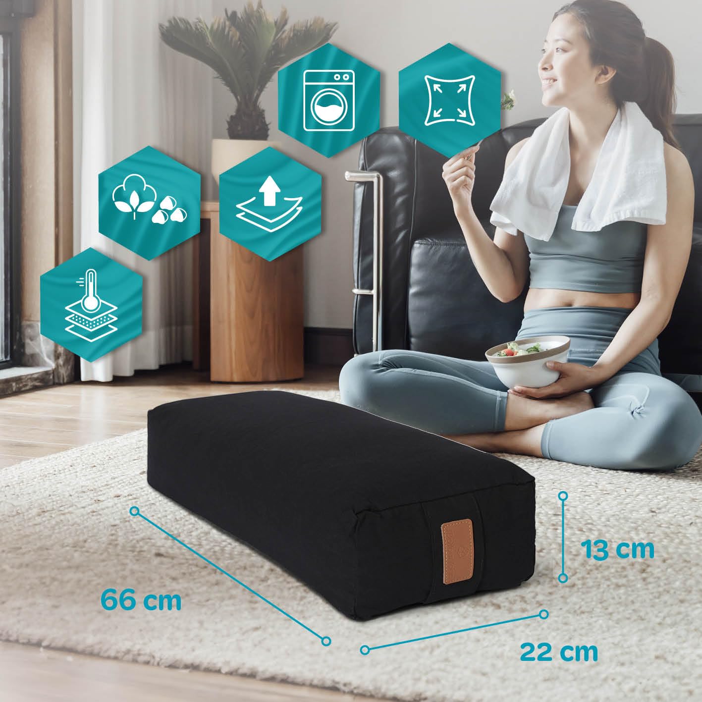 #DoYourYoga Yogabolster Rectangular Paravati con Cáscaras de Trigo Sarraceno o Espelta Orgánica - Cojín de Meditación, Yin Yoga & Pilates - Funda Lavable de Algodón 100% - 67 x 13 cm