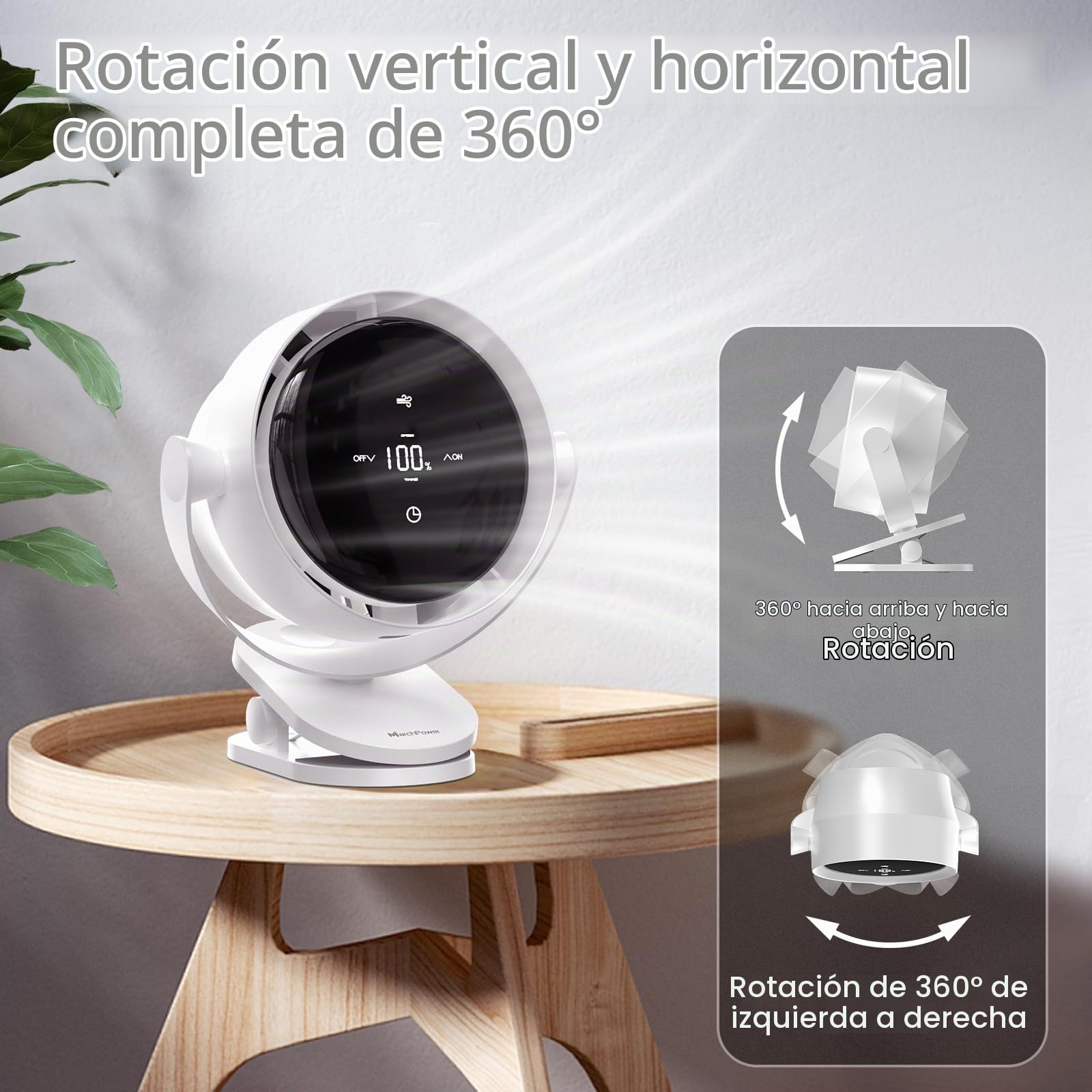 Marchpower Mini Ventilador de Mesa 100 Velocidades USB Ventilador Silencioso Portatil LED Pantalla 3 en 1 Potente Pinza Rotación de 360°con Clip Recargable para Oficina Sport Hogar Camping