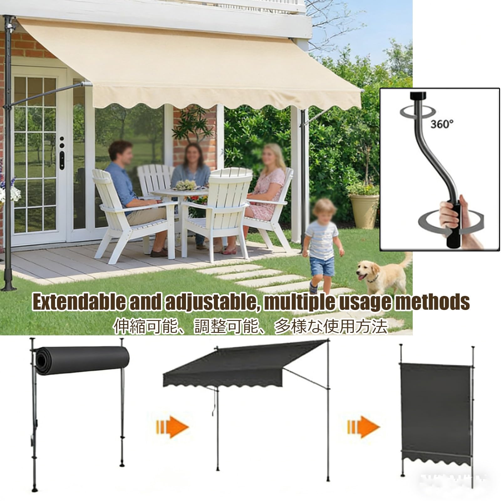 Ausziehbare Terrassenkurbel mit manueller Kurbel für Balkontür/Fenster, Schaufenster und Hof, Braun, 4 m – wetterfeste Outdoor-Abdeckung
