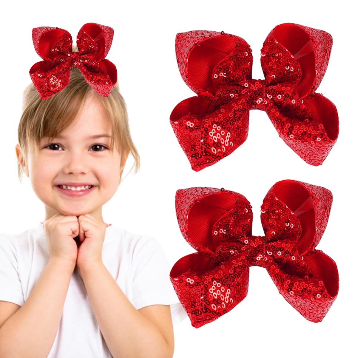 2PCS Sparkly Hair Bows for Girls 5 Inches Large Glitter Sequin Hair Bows Clips Red Hair Barrettes Headwear Hairpin Alligator Clips Bows for Girls