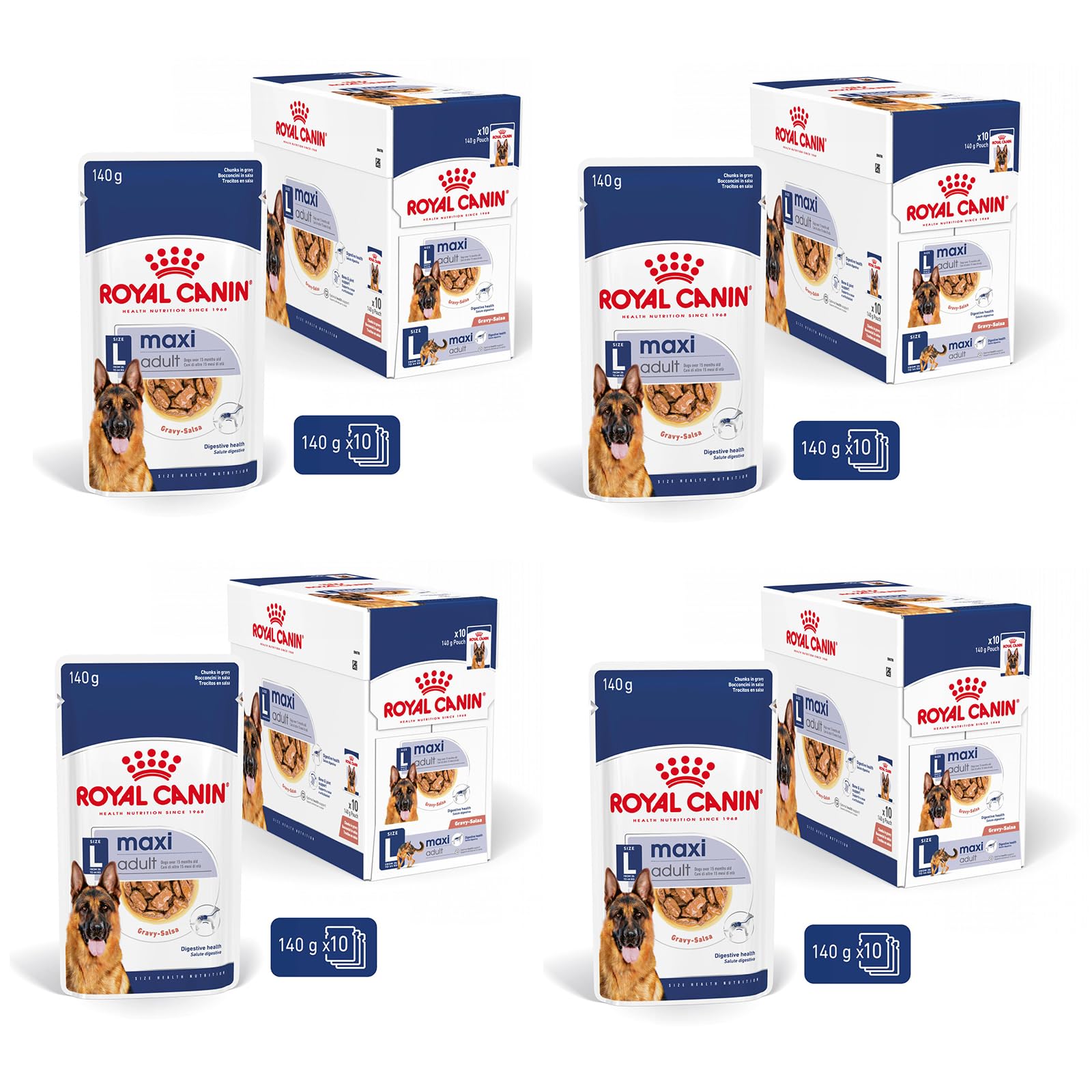 ROYAL CANIN Maxi Adult | Pack de 4 | 4 x 10 x 140 g | Aliment Complet pour Chiens | pour Grands Chiens Adultes (26 à 44 kg) | De 15 Mois à 5 Ans