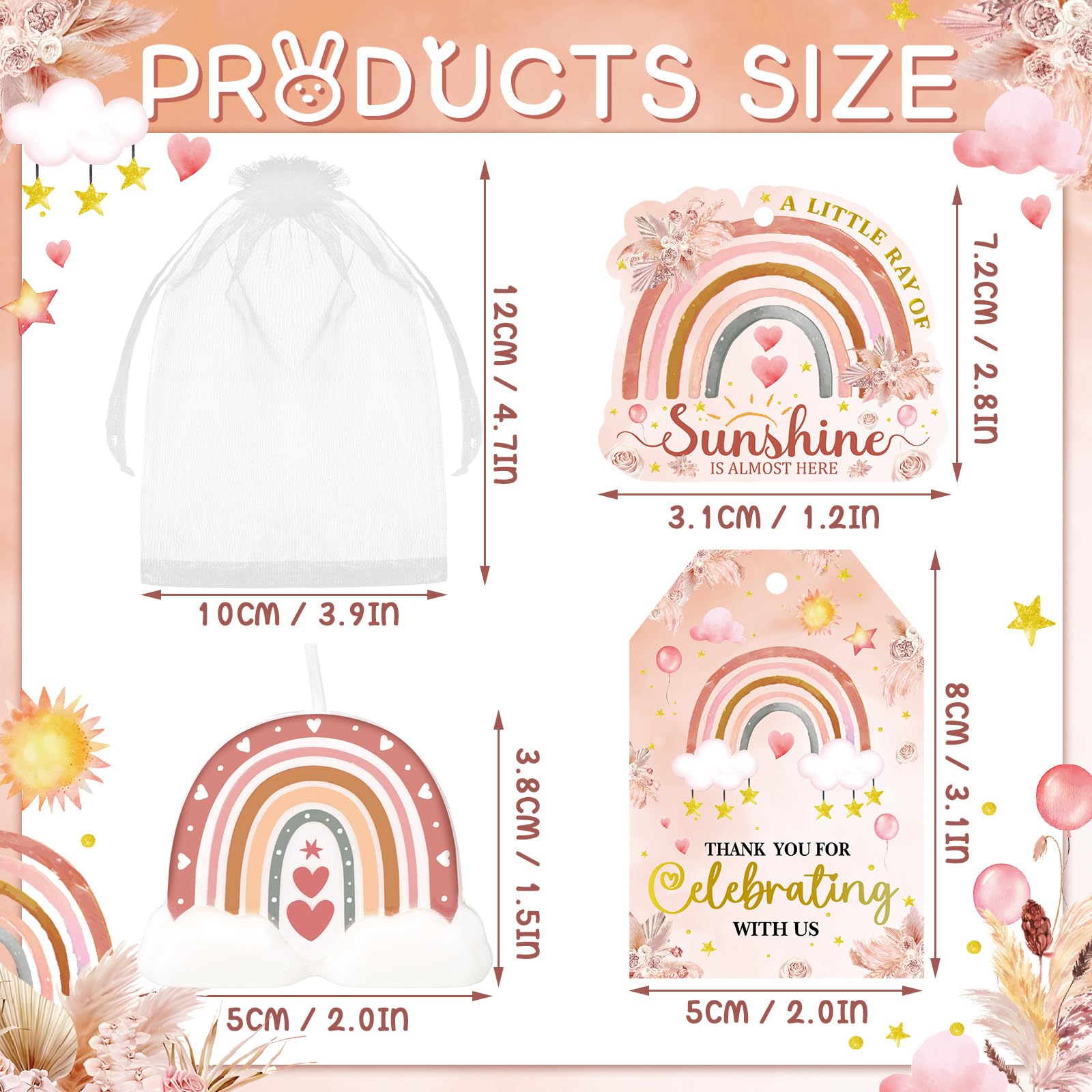 Conelist 24 Sets Boho Baby Shower Decorations Rainbow Candle Tealight with Organza Bag and Thank You Card Bulk Baby Shower Party Favors Gifts Christian Decor for Guest Inspirational Birthday Wedding