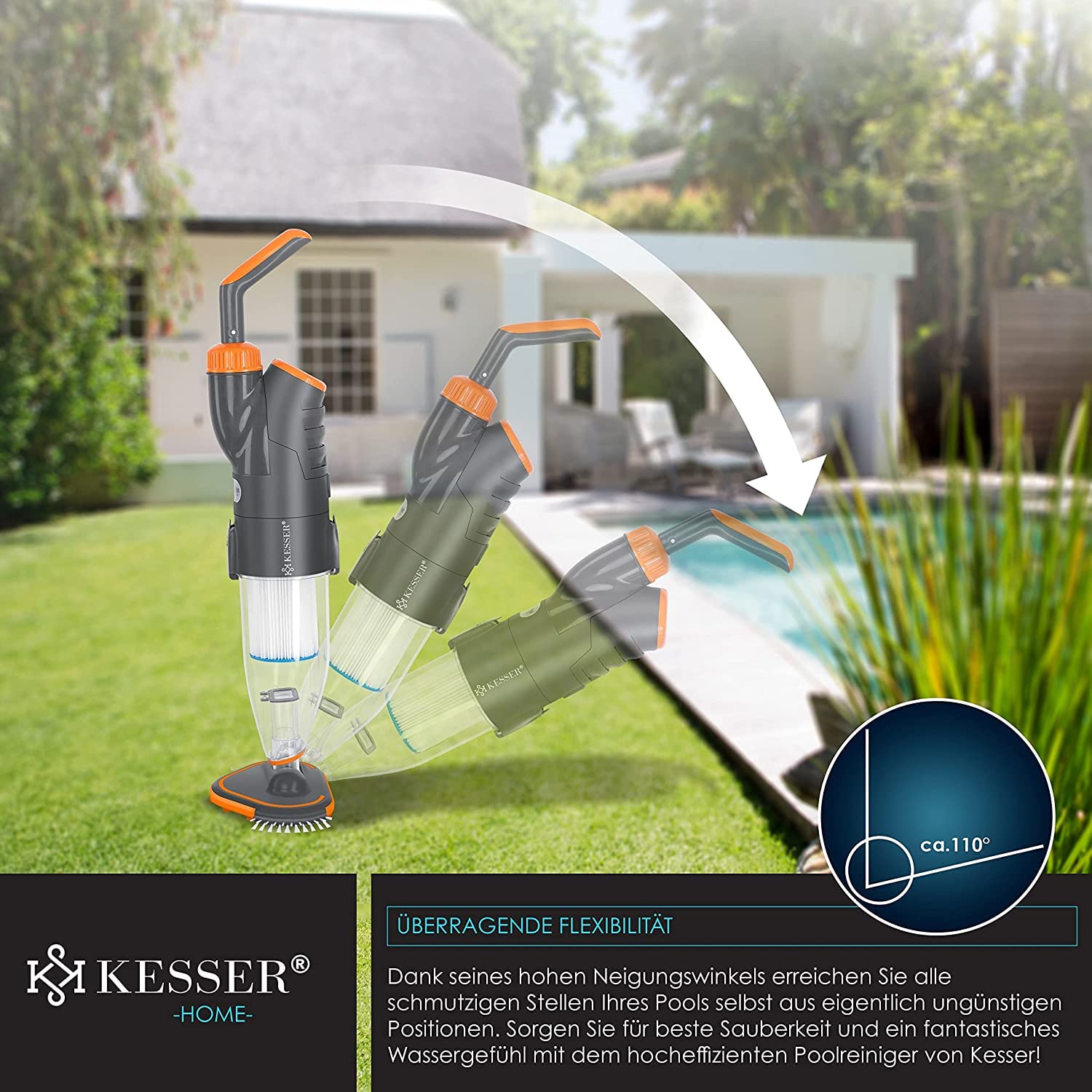 KESSER® Aspirador para Piscinas con batería | Aspirador eléctrico de Mano para Piscinas | Limpiador de Piscinas| Kit de Limpieza con Aspirador de Mano inalámbrico hasta 15 m³, Incl. Funda Protectora