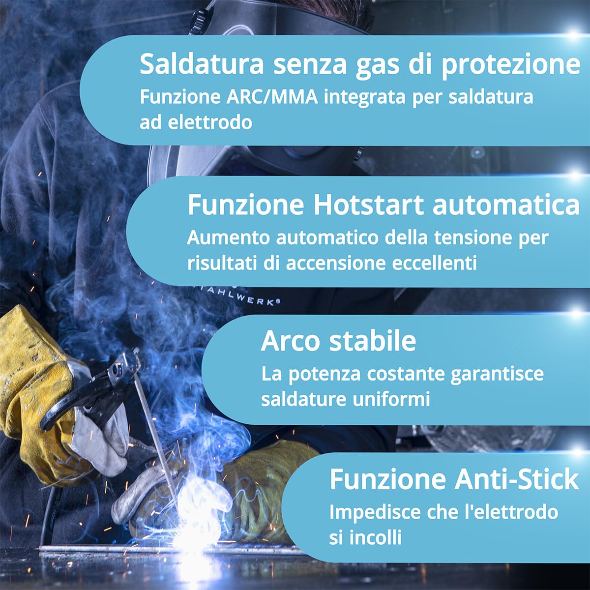 STAHLWERK Saldatrice Mini FLUX 120 ST Digitale – Saldatura a filo animato (FLUX) senza gas fino a 120 A, compatta, avanzamento sinergico e luce LED, Lift-TIG e MMA