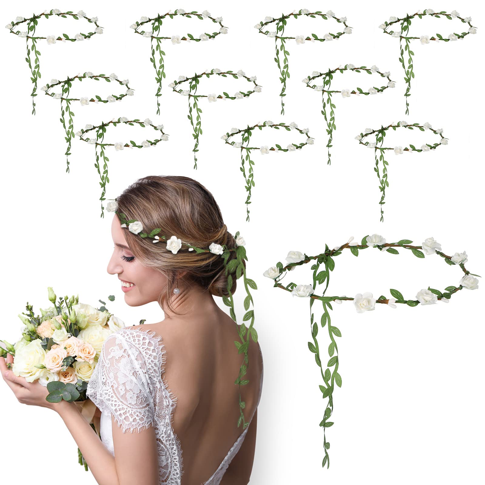 Cindeer 12 Diademas de Corona de Flor de Mujer Guirnalda de Flores de Cabeza Bohemia Ajustable Cinta de Cabello de Flores de Boda de Verdor Corona Nupcial Floral para Ceremonia Festival Vacaciones