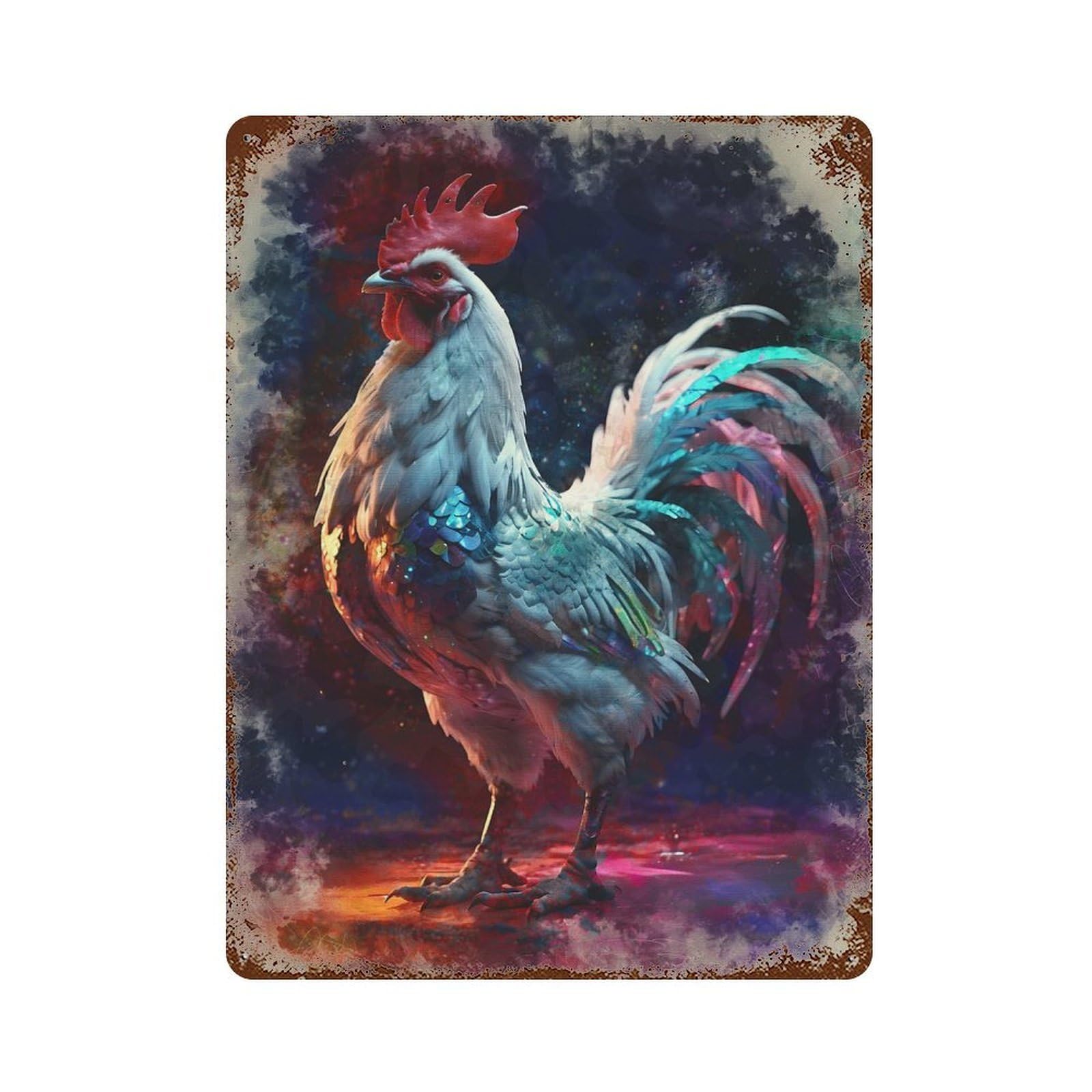 Rust Effect Cosmic Rooster Weathered Tin Sign 15.7"x11.8", Classic Wall Plaque for Living Room, Hallway And Home Decor