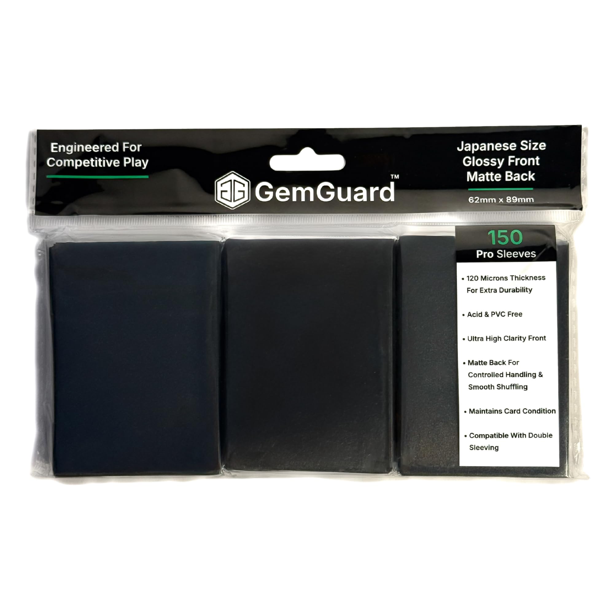 GemGuard Black 150 Pack Japanese Size Trading Card Sleeves 62 x 89mm – Premium Deck Protectors Compatible with Yu-Gi-Oh!, Cardfight!! Vanguard & Photocards