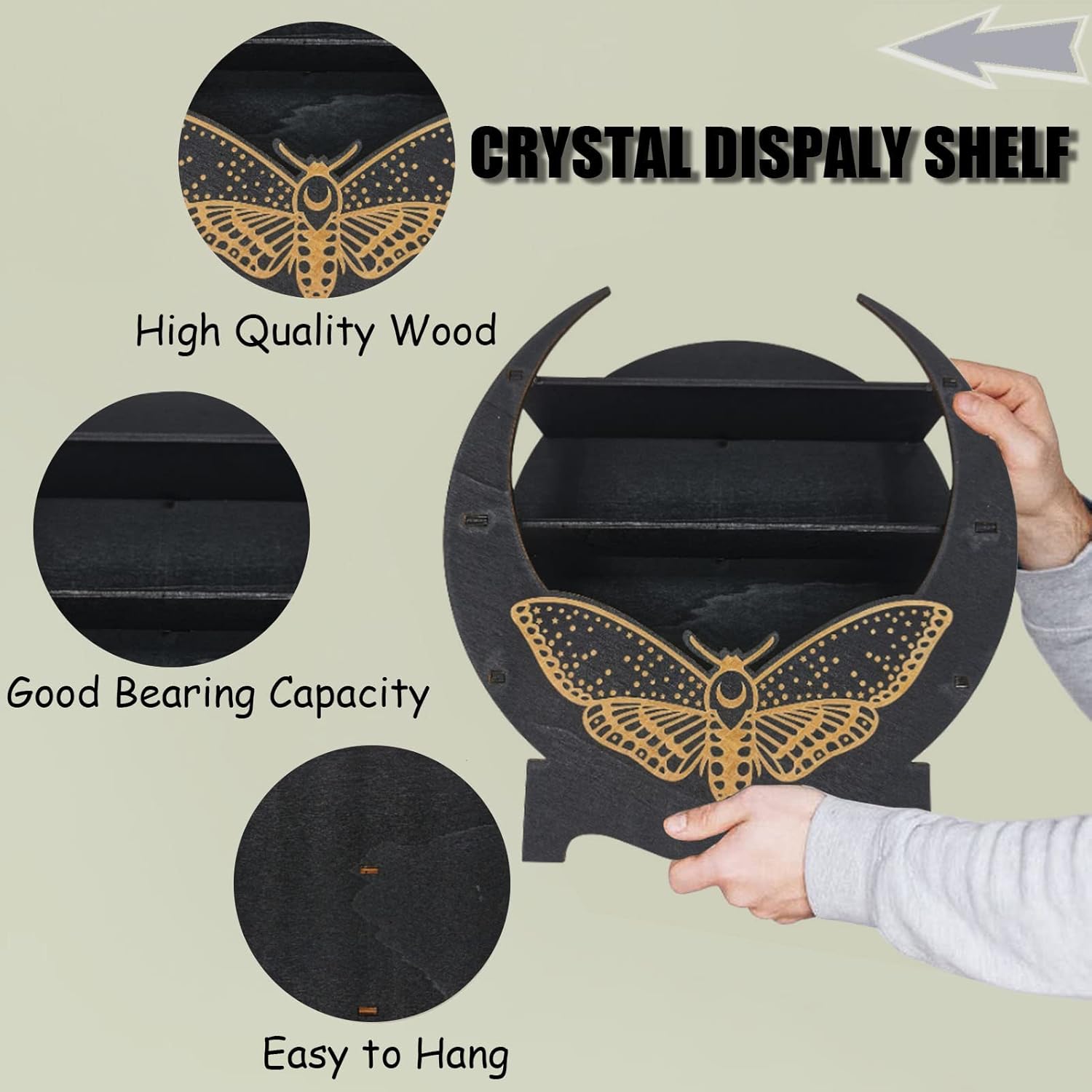 Wooden Crystal Shelf, Durable Pine Floating Shelves Engraved Design Shelf for Crystal Essential Oil Display Home Decor Butterfly - 9