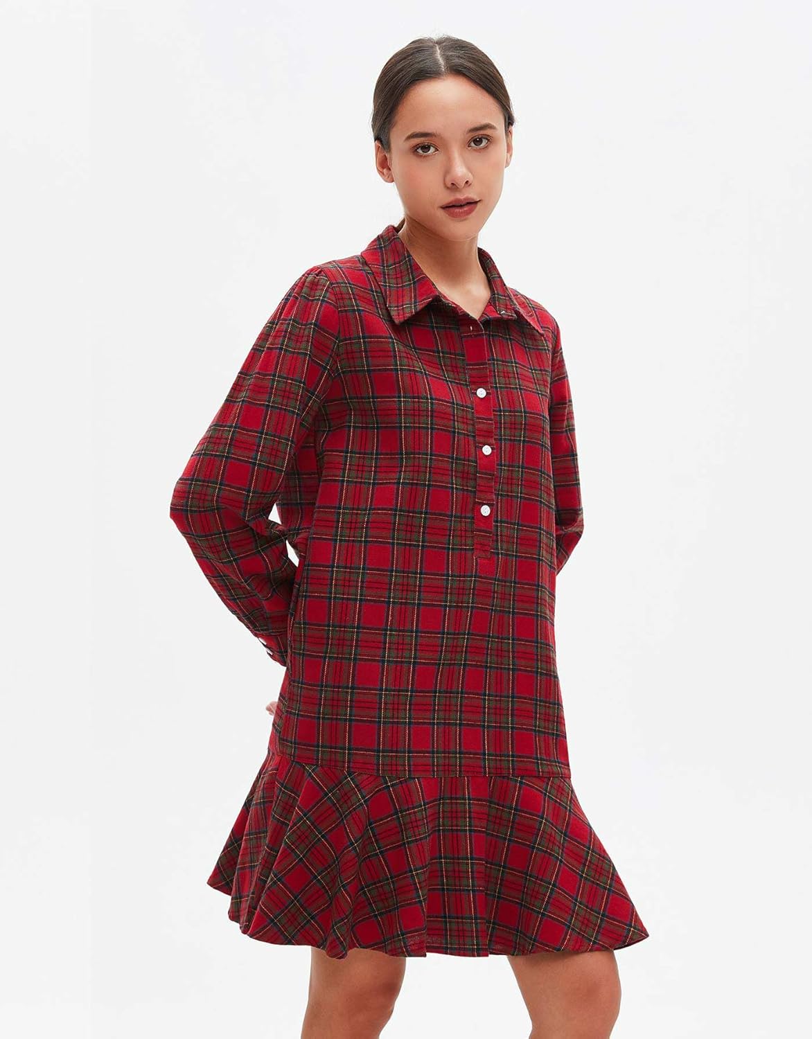 Women's Plaid Tunic Dress V Neck Button Down Collar Mini Dress Flowy Swing Shift Christmas Dress Red - Image 6