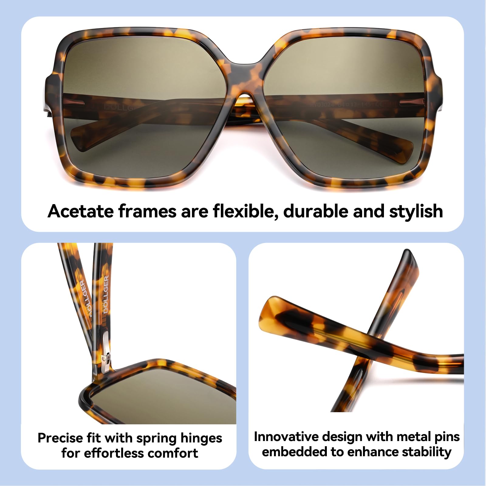 Dollger Gafas de sol cuadradas para hombre Gafas de sol de gran tamaño con protección UV400 vintage para mujer