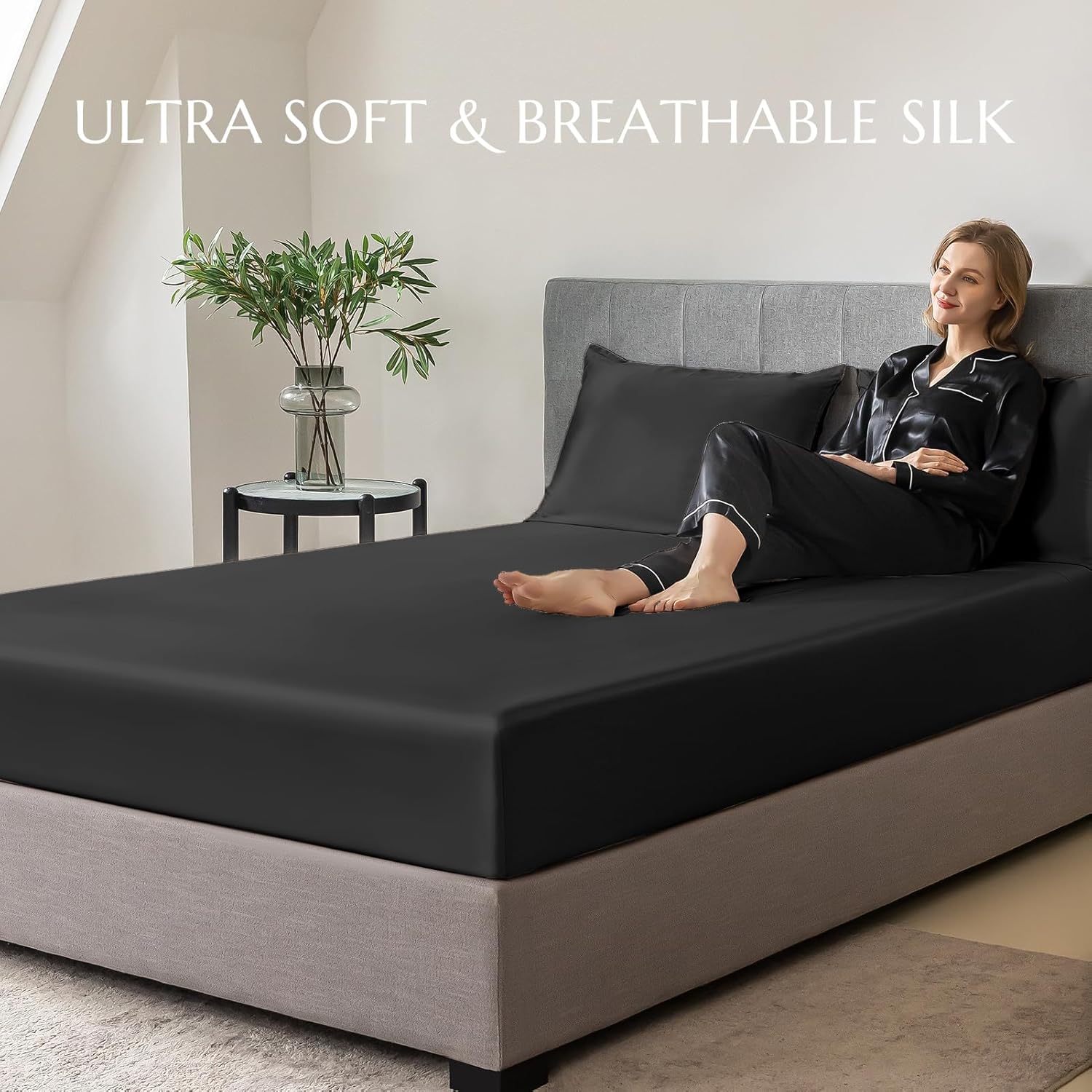 THXSILK Natural Silk Fitted Bed Sheet, 100% 7A+ Silk, Deep Pocket to 16", Soft and Wrinkle Free, 1 Fitted Sheet Only (King, Black)