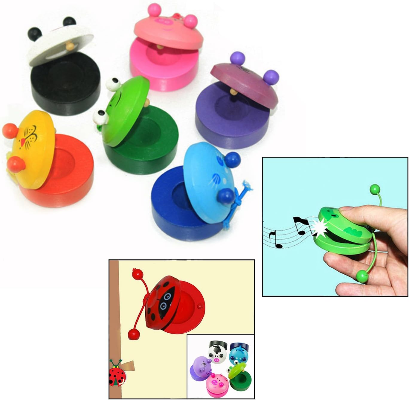 Castanets, 6 Pcs Wooden Cartoon Animal Musical Instruments for Baby Children Kids' Early Education