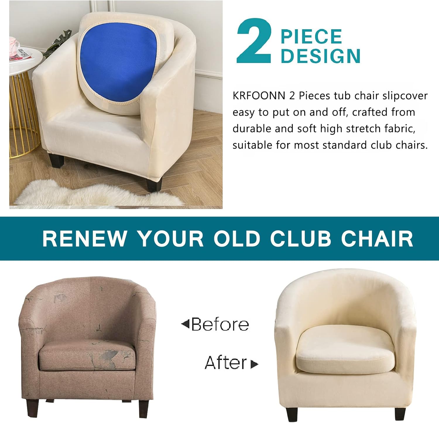 KRFOONN 2 Pieces Club Chair Slipcover Printed Stretch Tub Chair Slipcover Armchair Covers Sofa Cover Removable Round Barrel Chair Covers Couch Furniture Protector Cover for Living Room, A26