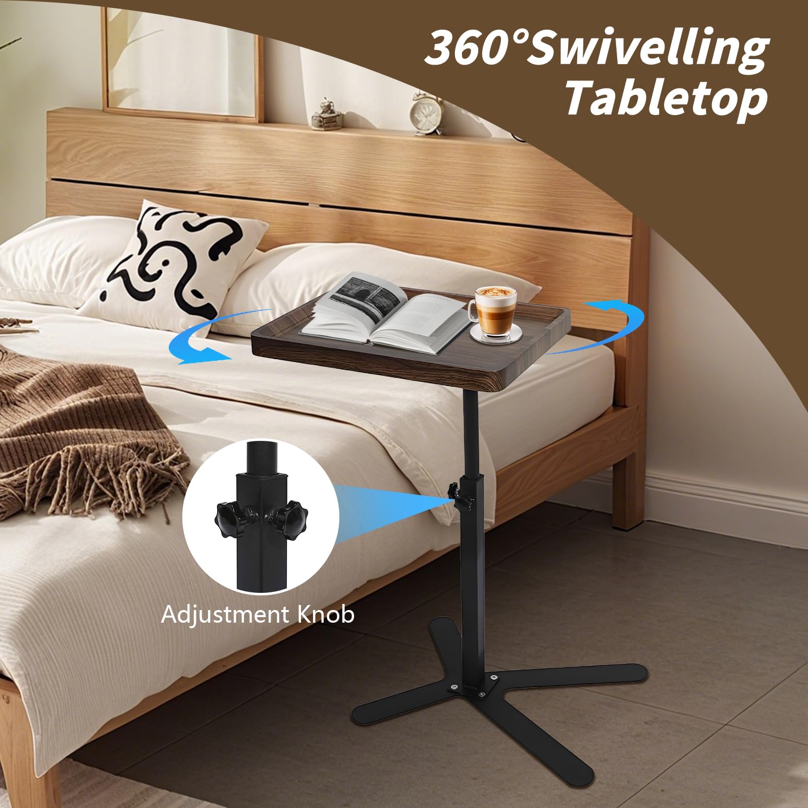 XUDREZ Tavolino regolabile a forma di C con piano girevole a 360°, tavolino per soggiorno, camera da letto, divano, vasca da bagno, comodino, infermieristica
