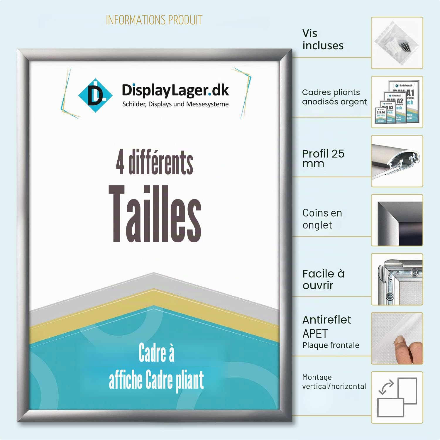 DisplayLager - 5 Cadre à Clipser A1, 5 pièces, Argenté | Cadre pour Affiches avec Profil en Aluminium argenté de 25 mm | avec vitre de Protection antireflet et matériel de Fixation