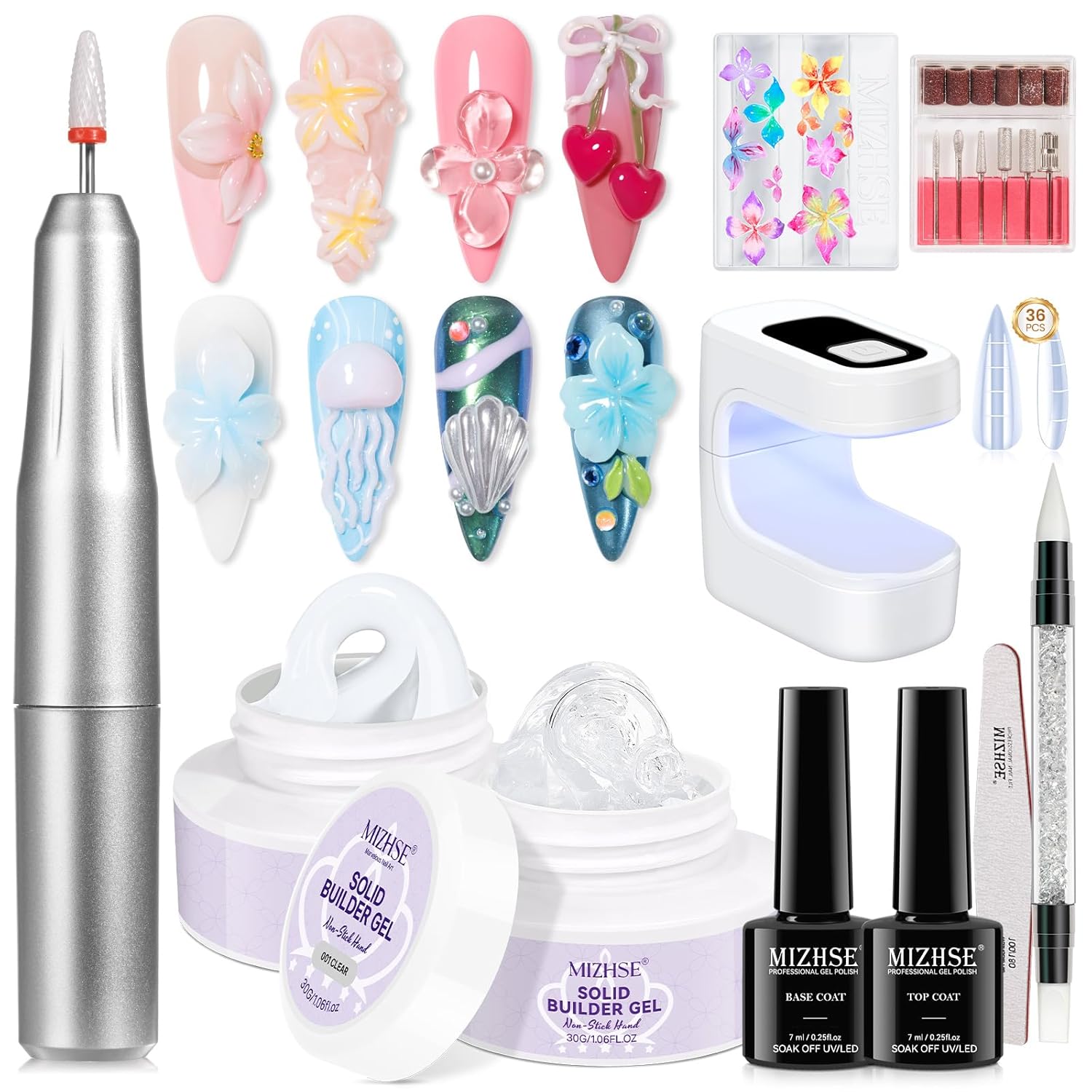 MIZHSE Solid Builder Nail Gel Kit with Nail Drill, Clear White 3D Sculpting Gel for NailS Art with U V Lamp Brush for Nails Extension Home Salon DIY Manicure