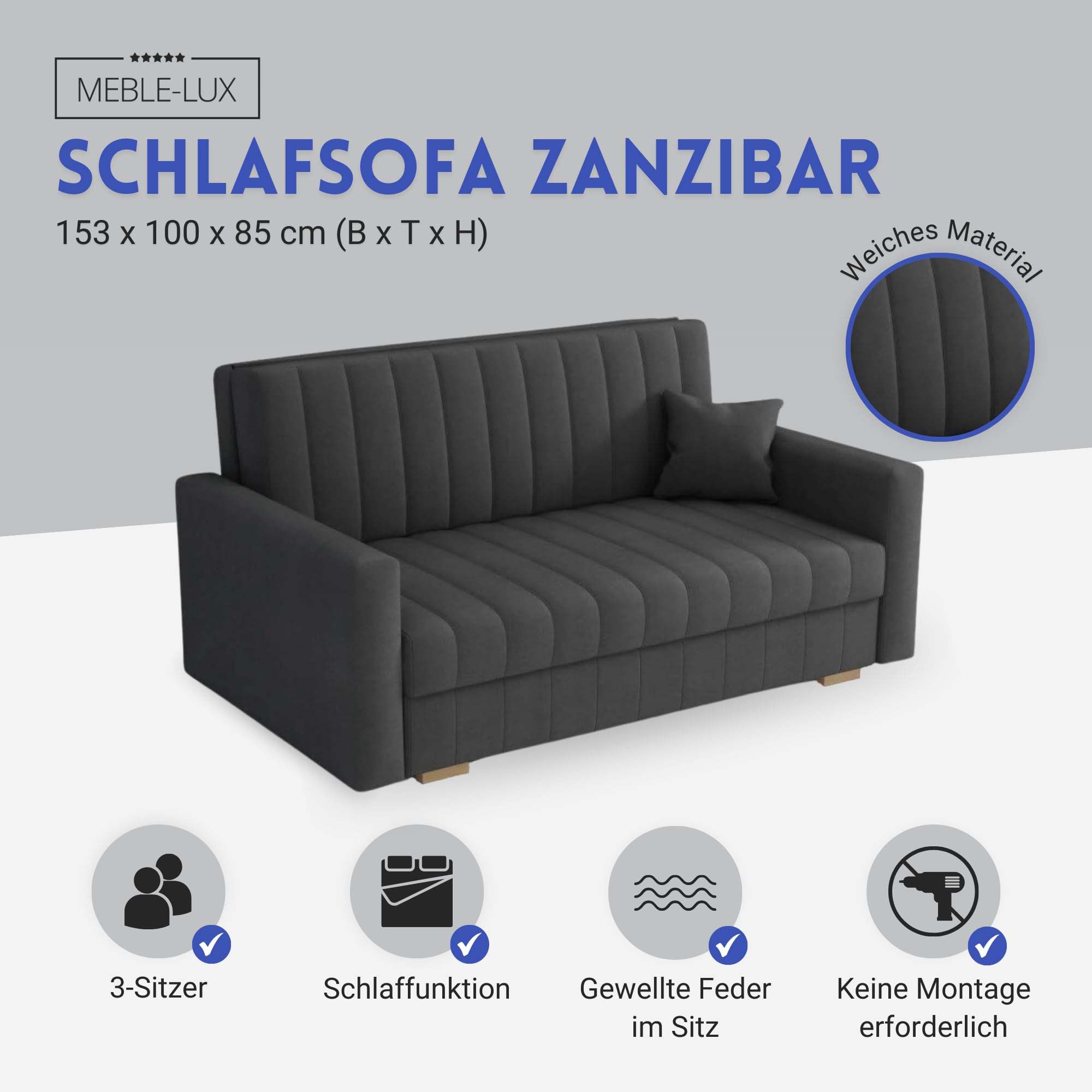 Schlafsofa klein Zanzibar I Sofa 3 Sitzer 153 cm Breit I Sofa mit Schlaffunktion I Schlafsofa mit Bettkasten I Couch mit Schlaffunktion Klein I Grau