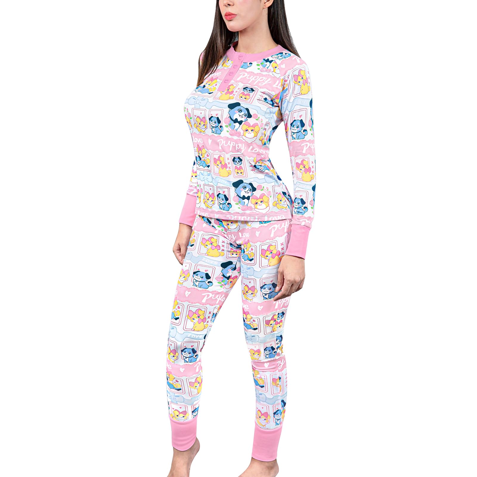 LittleForBig Conjunto de pijama de dos piezas para mujer, de manga larga, suave, transpirable, con texto en inglés "Puppy Love Little Blue"