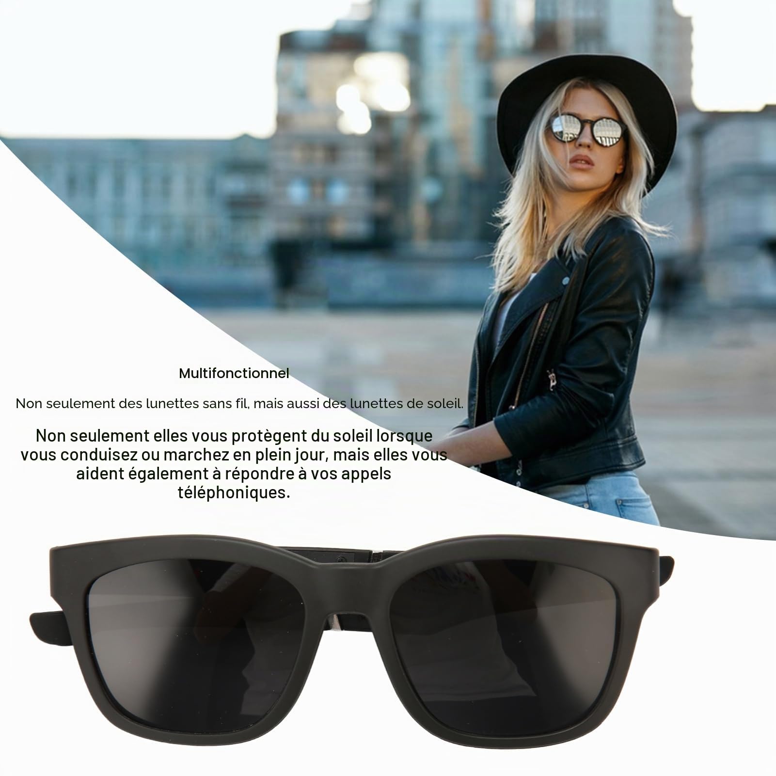 Lunettes Intelligentes à Conduction Osseuse, Lunettes de Audio Bluetooth pour Hommes et Femmes, Son à Oreille Ouverte avec Micro, Filtre de Lumière Bleue, Lentille (Noir)