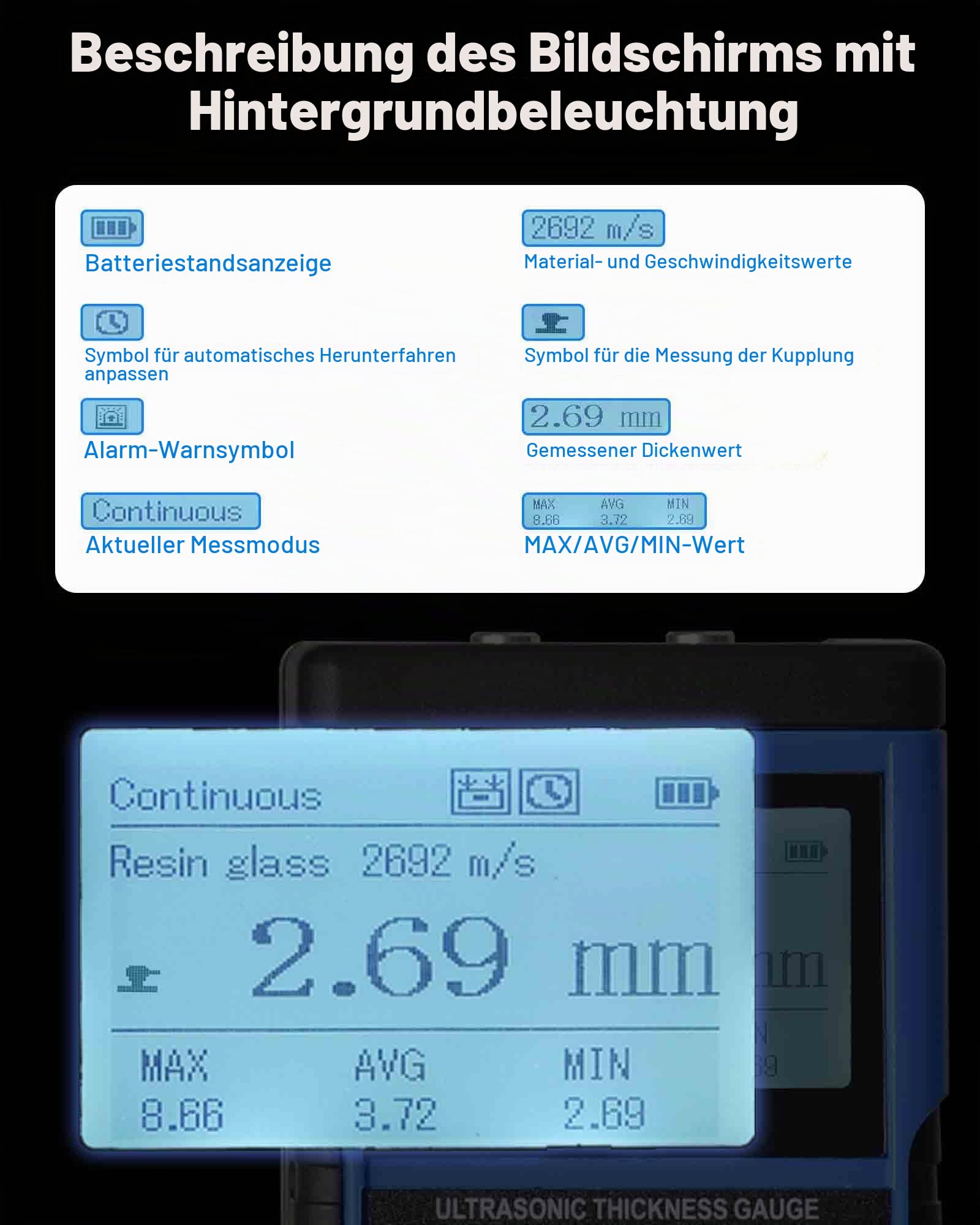 Ultraschall-Dickenmessgerät 0,8–500 mm, hohe Genauigkeit ±0,05 mm, Dickenmessgerät mit 5-MHz-Sonde (φ10 mm), Auflösung 0,01 mm, MAX/AVG/MIN-Modi für Stahl/Nylon/Keramik bei der Rohrleitungsinspektion