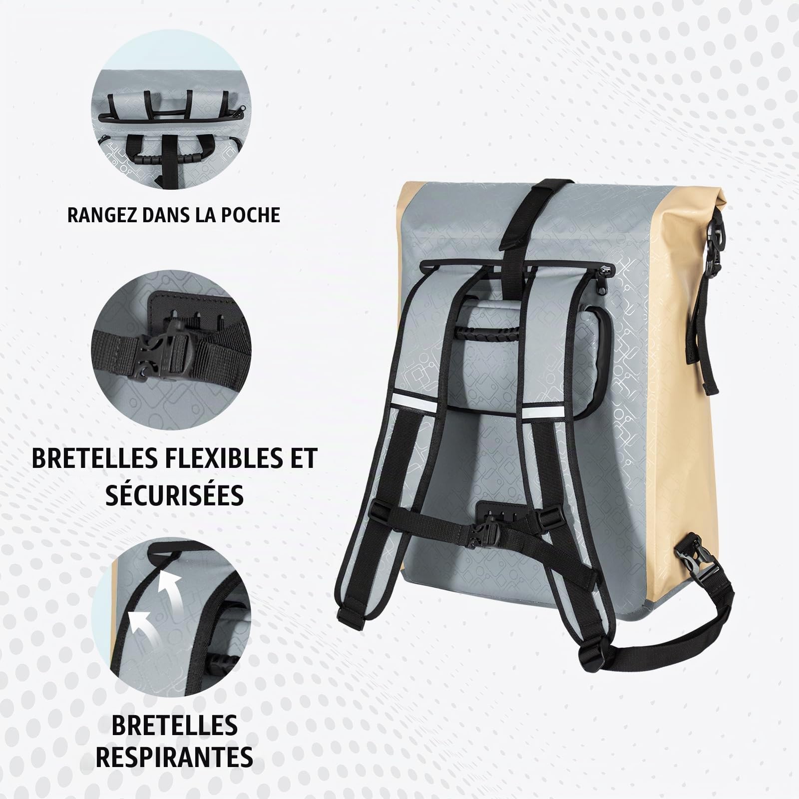 Todeco Sac à Dos de Vélo Sacoches de vélo pour Porte-Bagages 20L Beige | Sac à Dos étanche et Sacoche Bandoulière, Imperméable & Réfléchissante, Compartiment Ordinateur