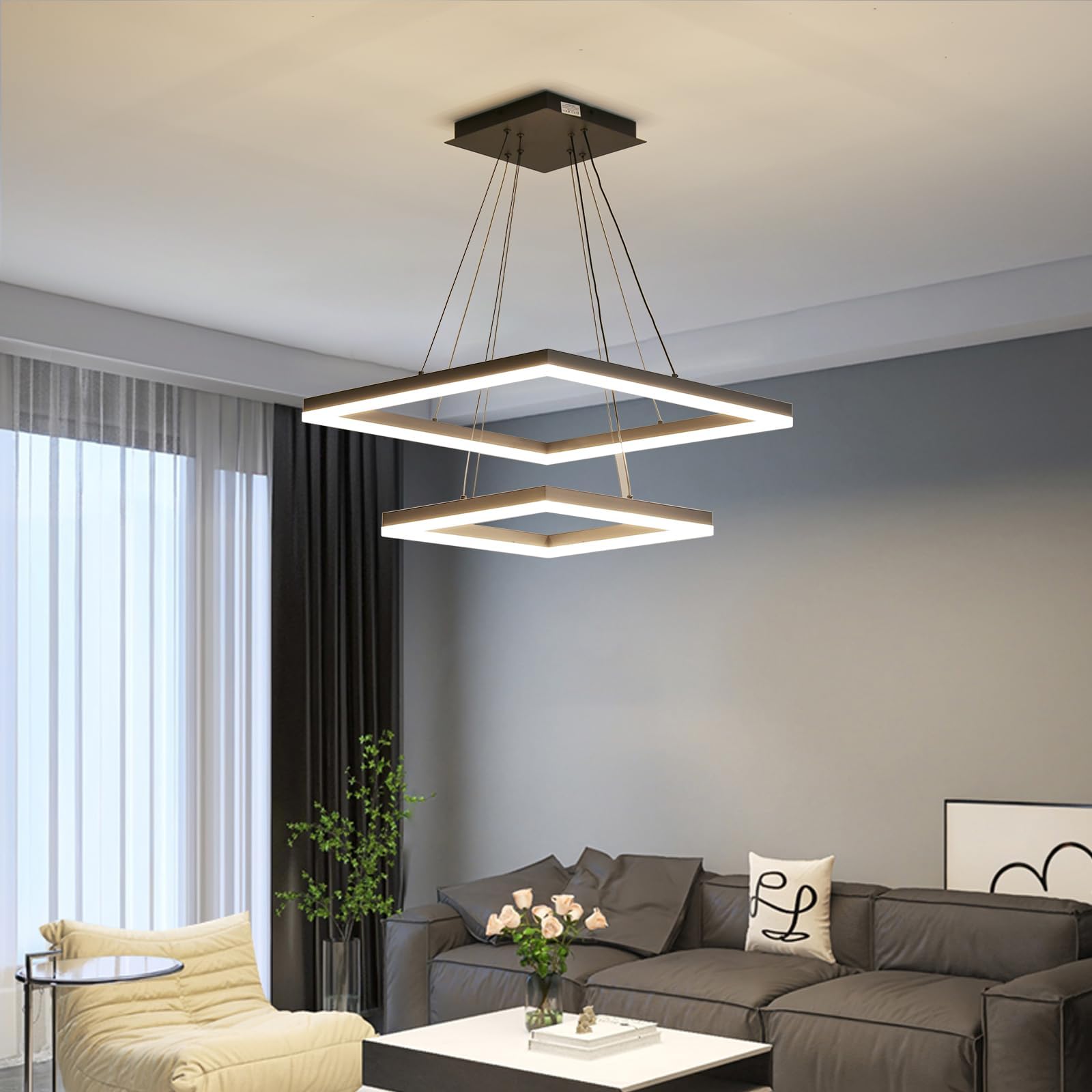Modern LED Chandelier, 2-Light Black Ceiling Square Chandelier for Dining Room Light Fixtures Hanging Color Temperature and Height Adjustable