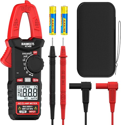 KAIWEETS Pinza Amperimétrica Digital 400A, Multímetro de Gancho Portátil TRMS, 600V AC/DC, Auto-Rango, Medición de Corriente AC, Voltaje, Resistencia, Continuidad y Diodo, KC400